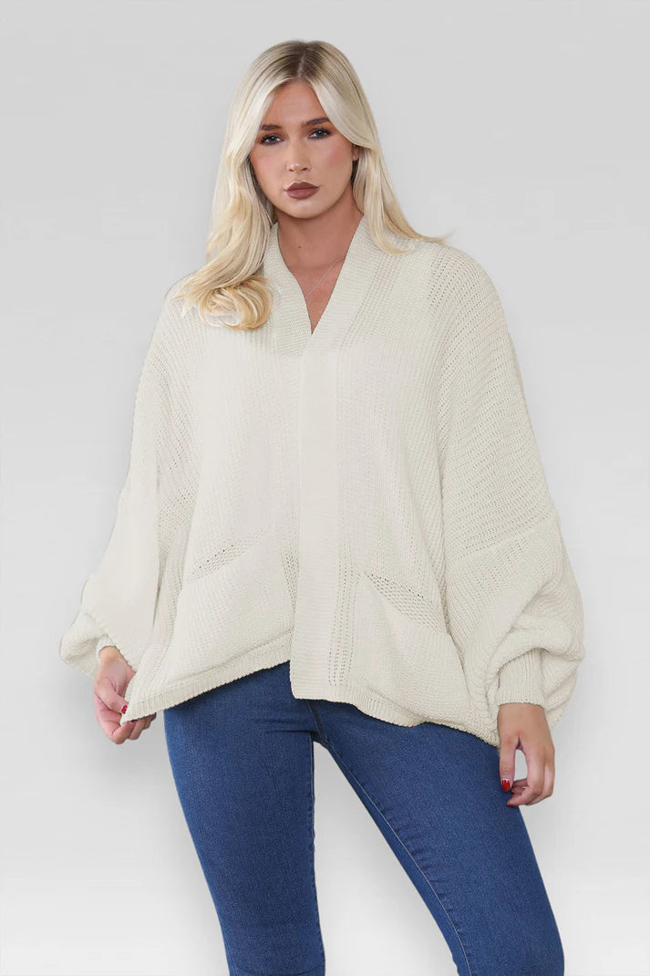 Ladies Oversized Cropped Short Balloon Pocket Chunky Knitted Cardigan