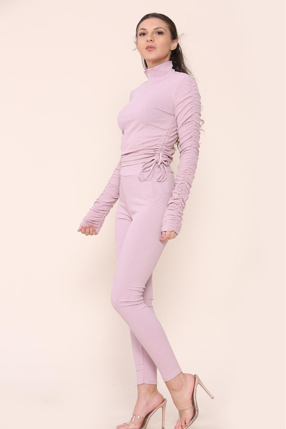 High Neck Ruched Side Arm Solid Drawstrings Ribbed Tee and Leggings set