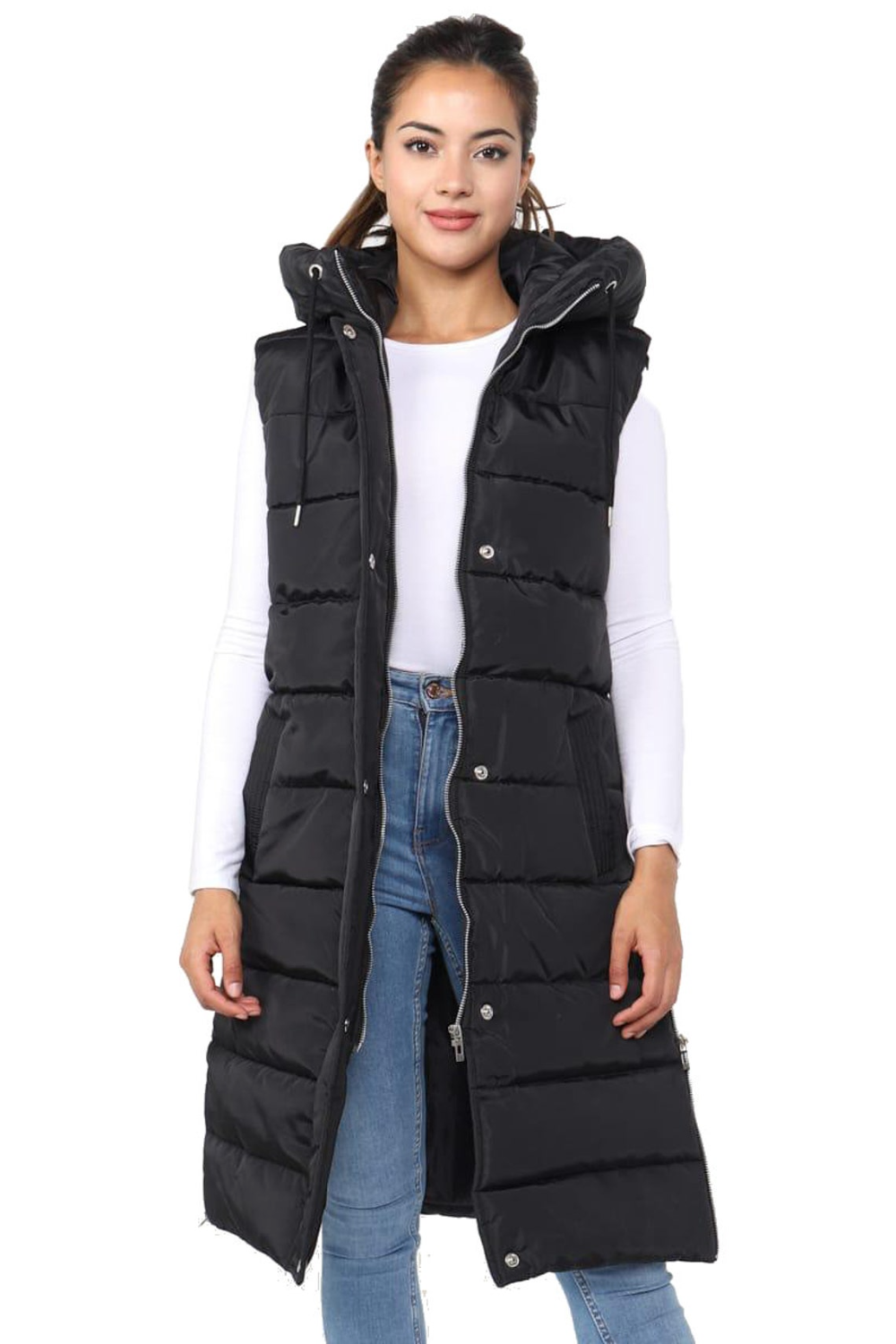 Ladies Girls Long Hooded Puffer Warm Padded Sleeveless Gilet Bodywarme JustDropShip