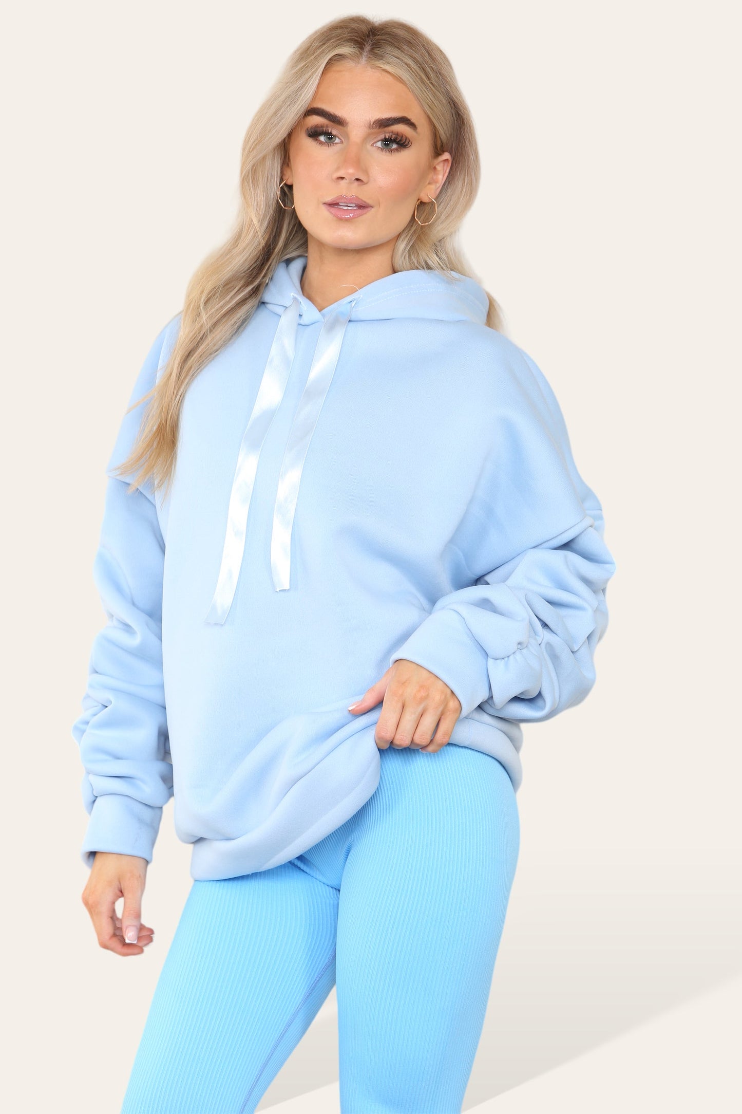 Oversized Ruched Sleeves Hoodie With Satin Ribbon with High Waist High Rise Seamless Ribbed Legging Set