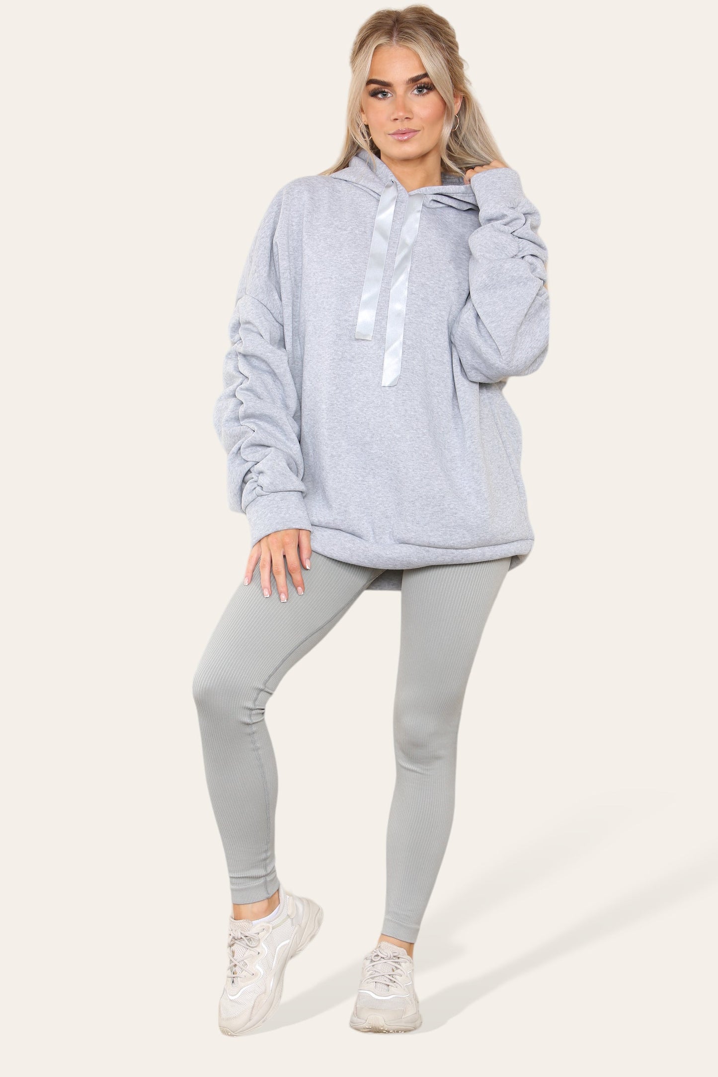 Oversized Ruched Sleeves Hoodie With Satin Ribbon with High Waist High Rise Seamless Ribbed Legging Set