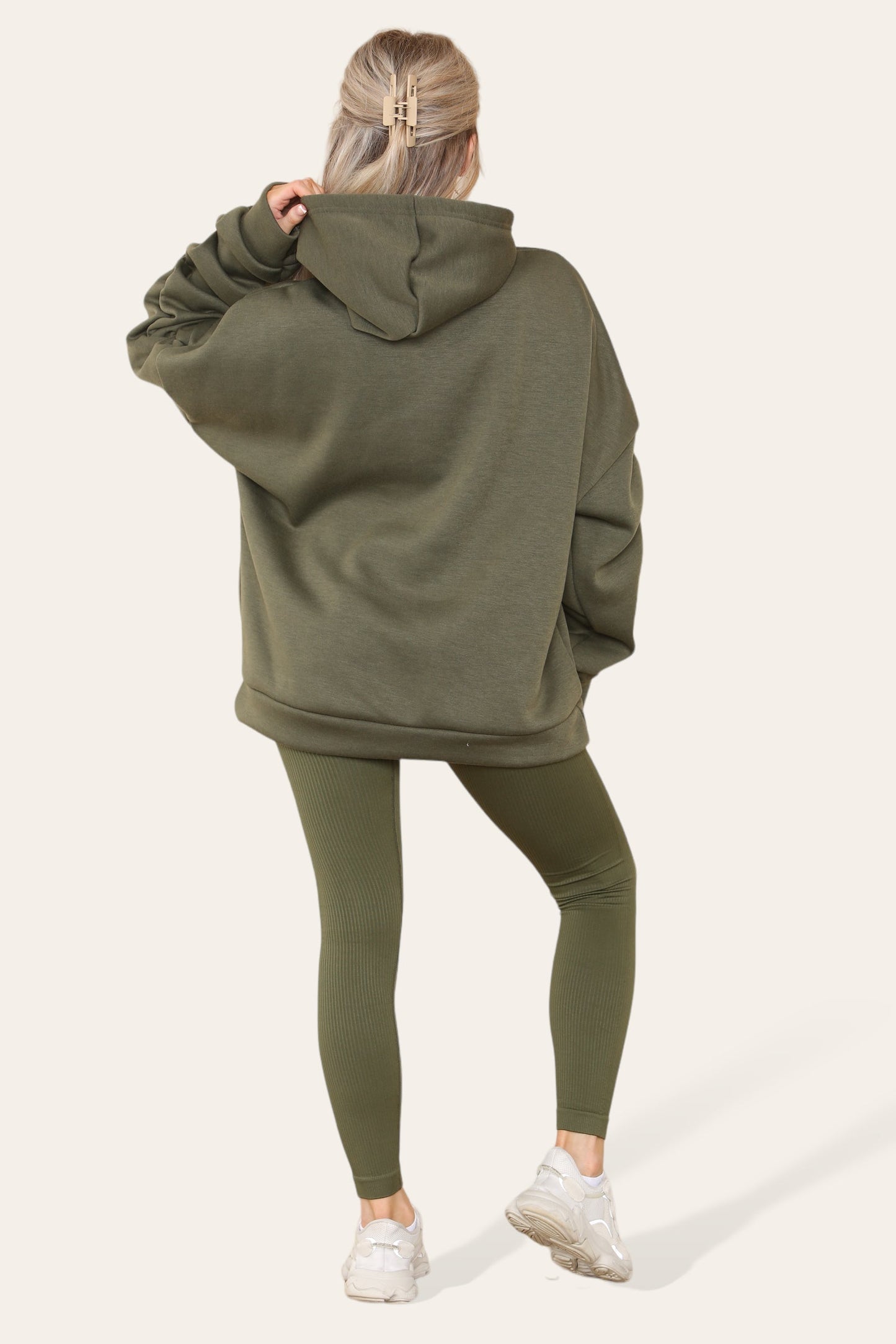 Oversized Ruched Sleeves Hoodie With Satin Ribbon with High Waist High Rise Seamless Ribbed Legging Set