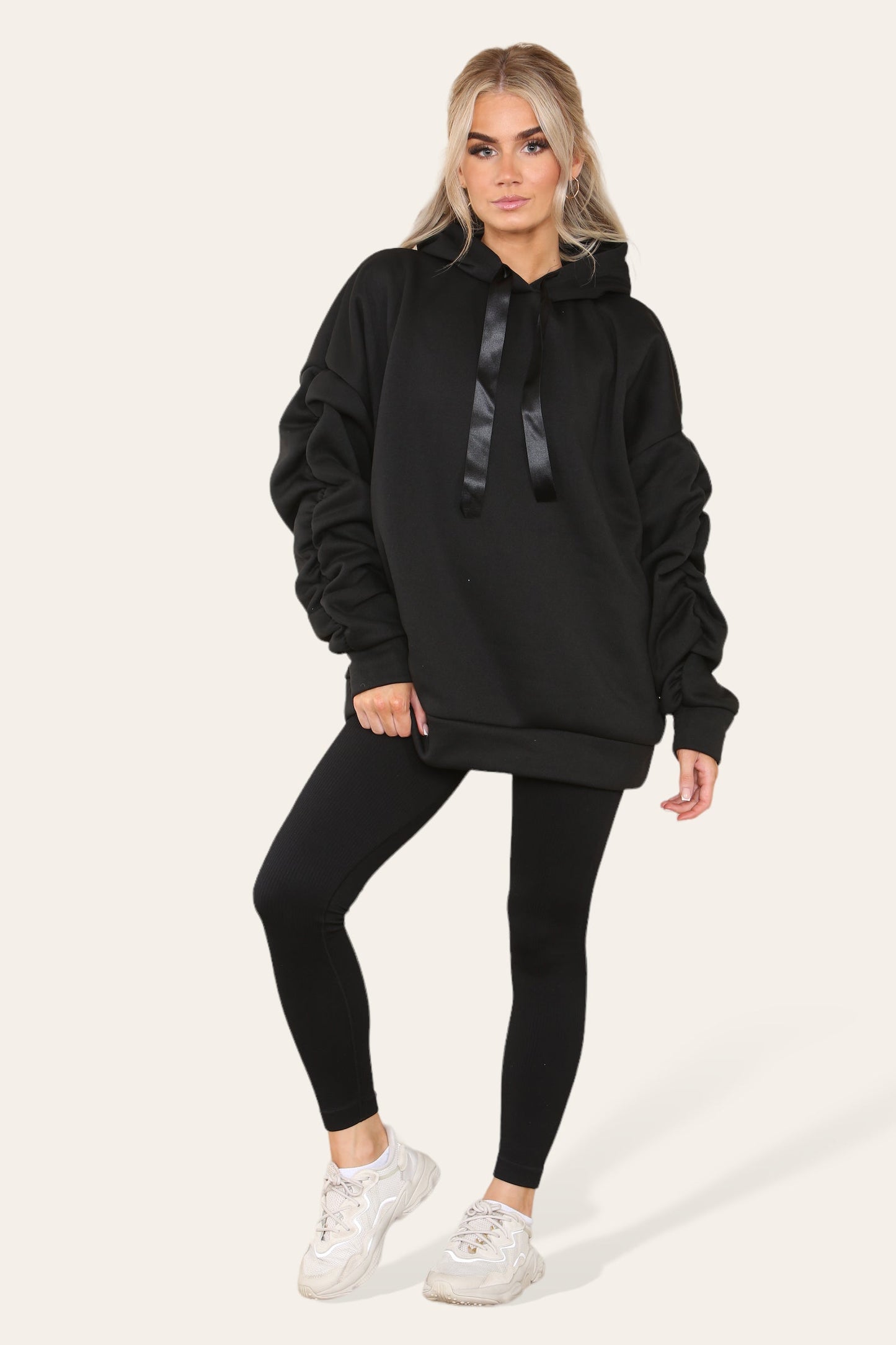 Oversized Ruched Sleeves Hoodie With Satin Ribbon with High Waist High Rise Seamless Ribbed Legging Set