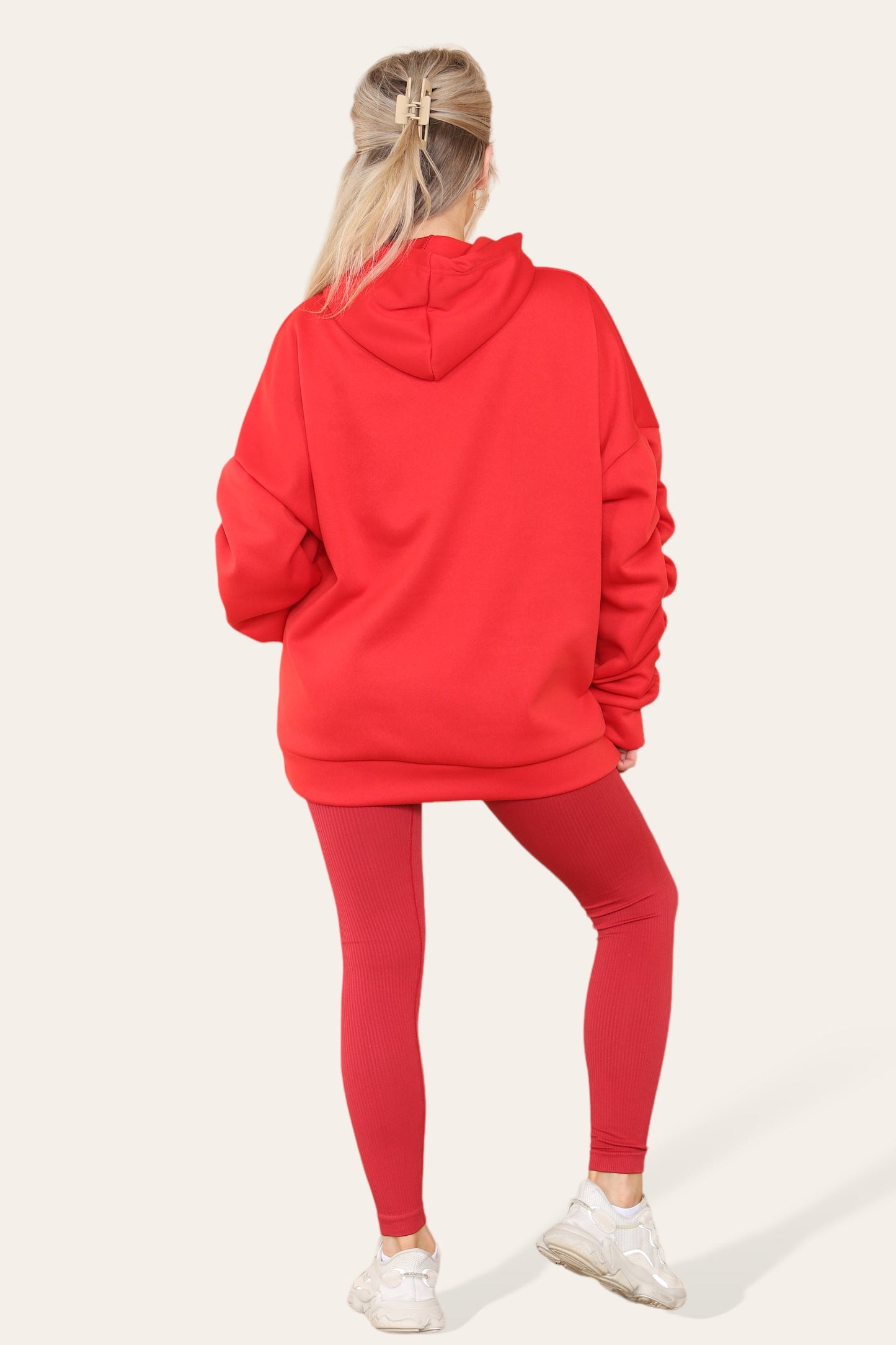 Oversized Ruched Sleeves Hoodie With Satin Ribbon with High Waist High Rise Seamless Ribbed Legging Set