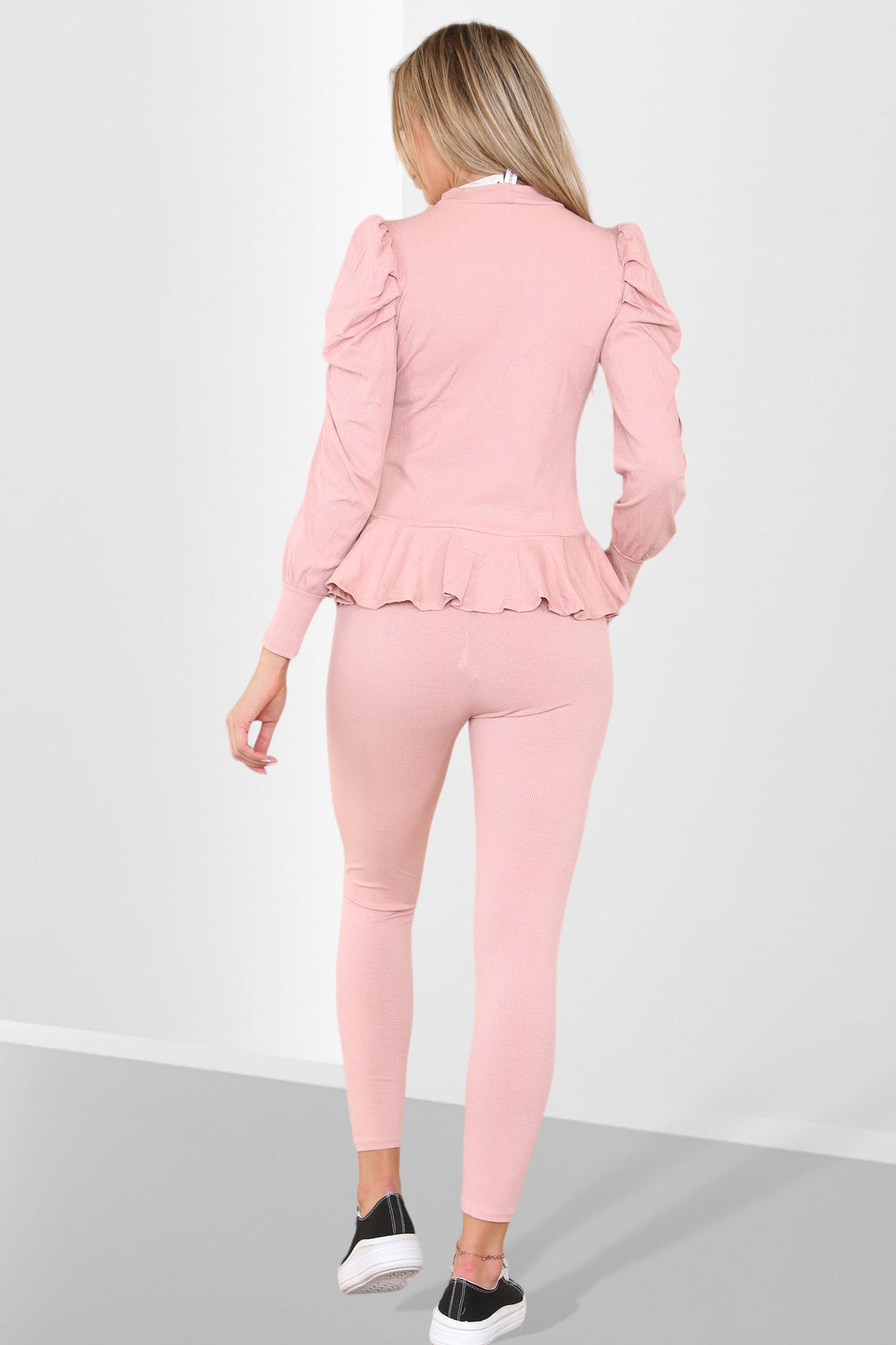Puff Sleeves Set Frill Hem Peplum Ribbed Lounge Wear Suit