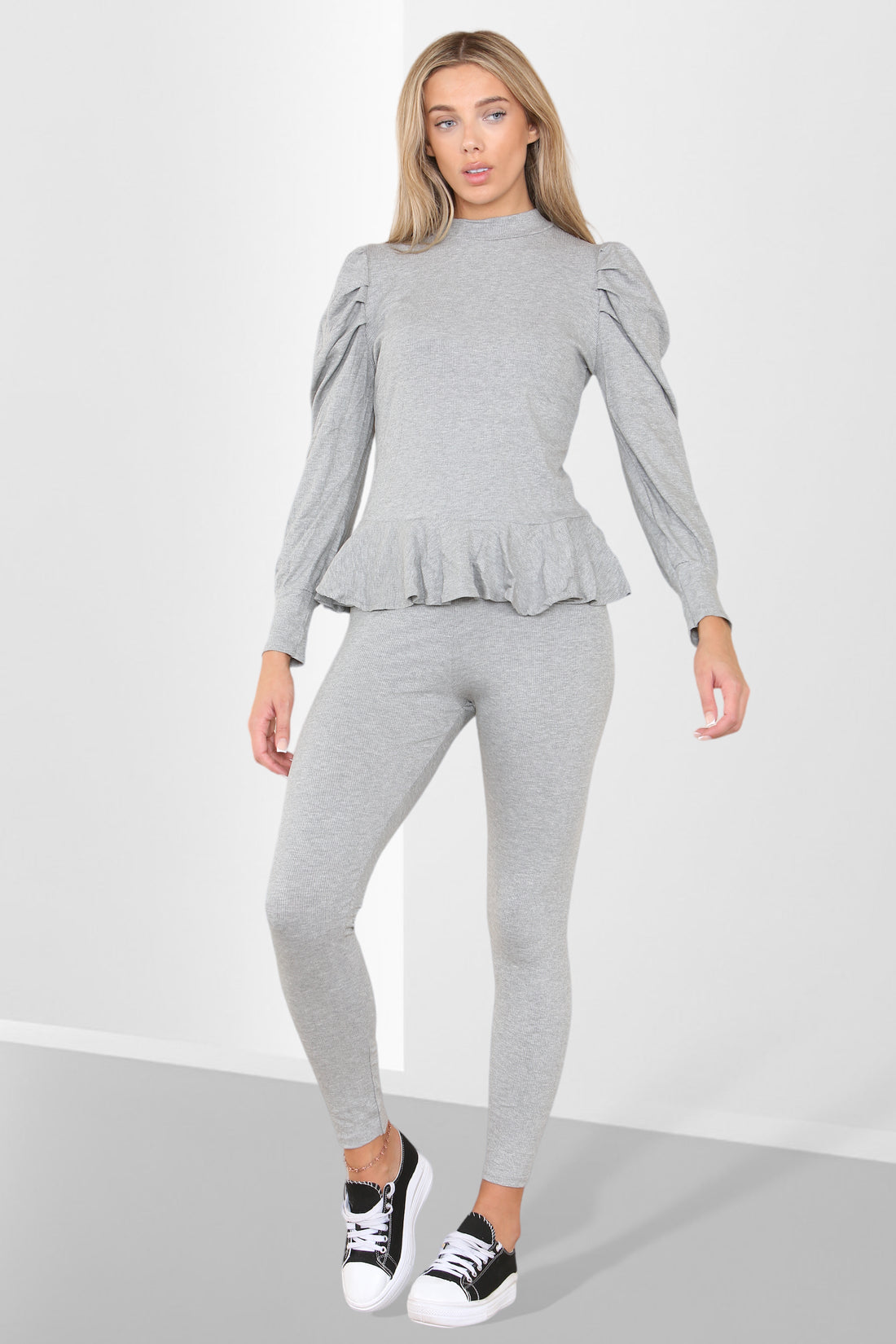 Puff Sleeves Set Frill Hem Peplum Ribbed Lounge Wear Suit