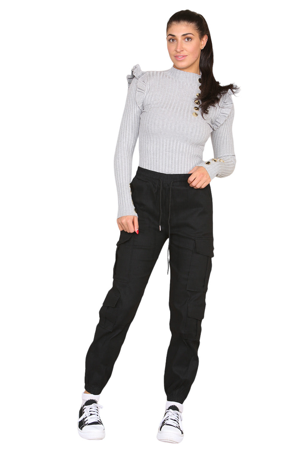 Ribbed Knit Gold Button Detail Jumper with Frill