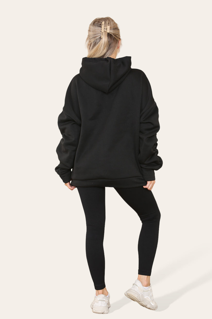 Plus Size Ruched Sleeves Hoodie With Satin Ribbon