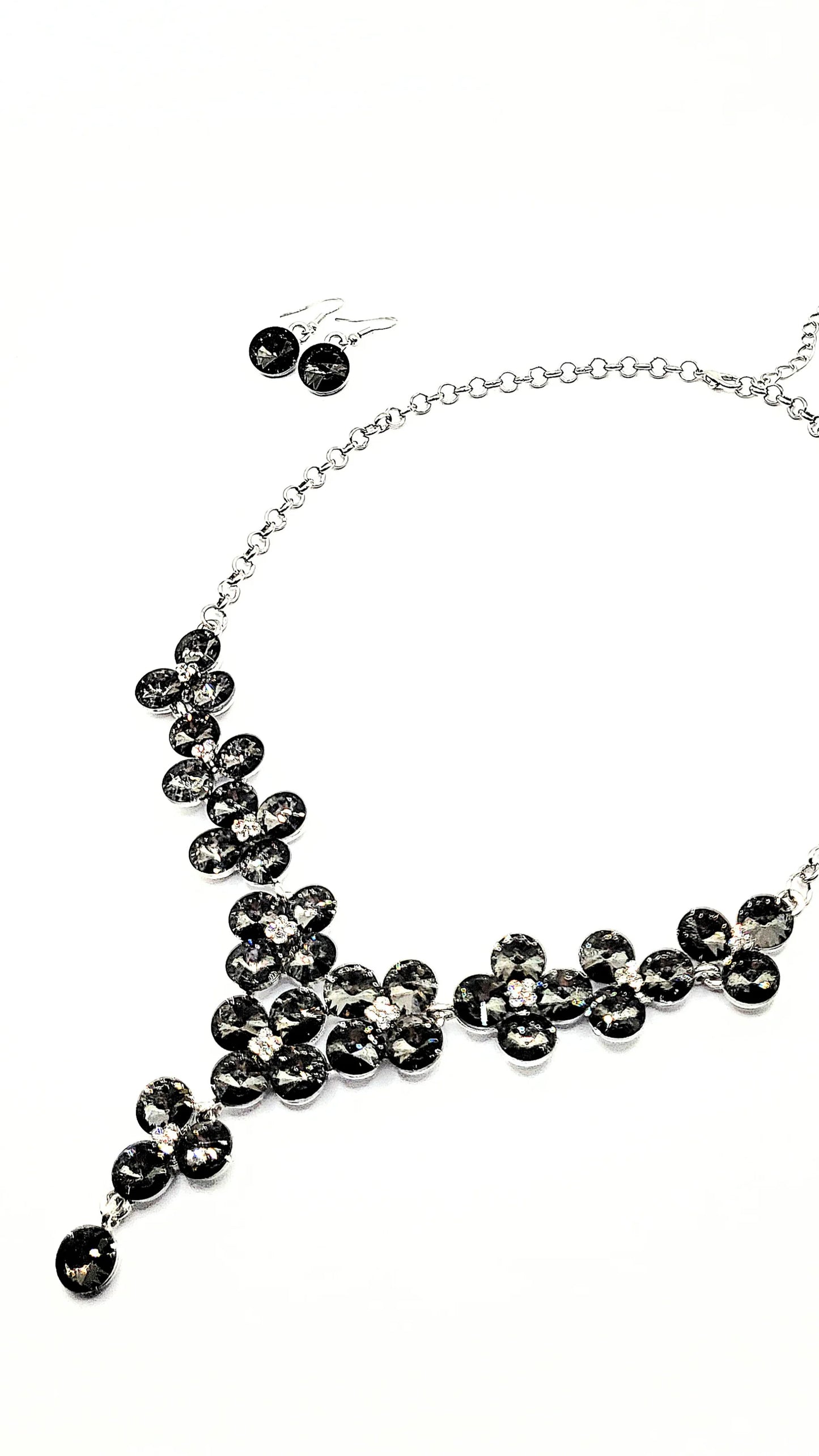 Black Flower Cluster Crystal Necklace & Earrings Set