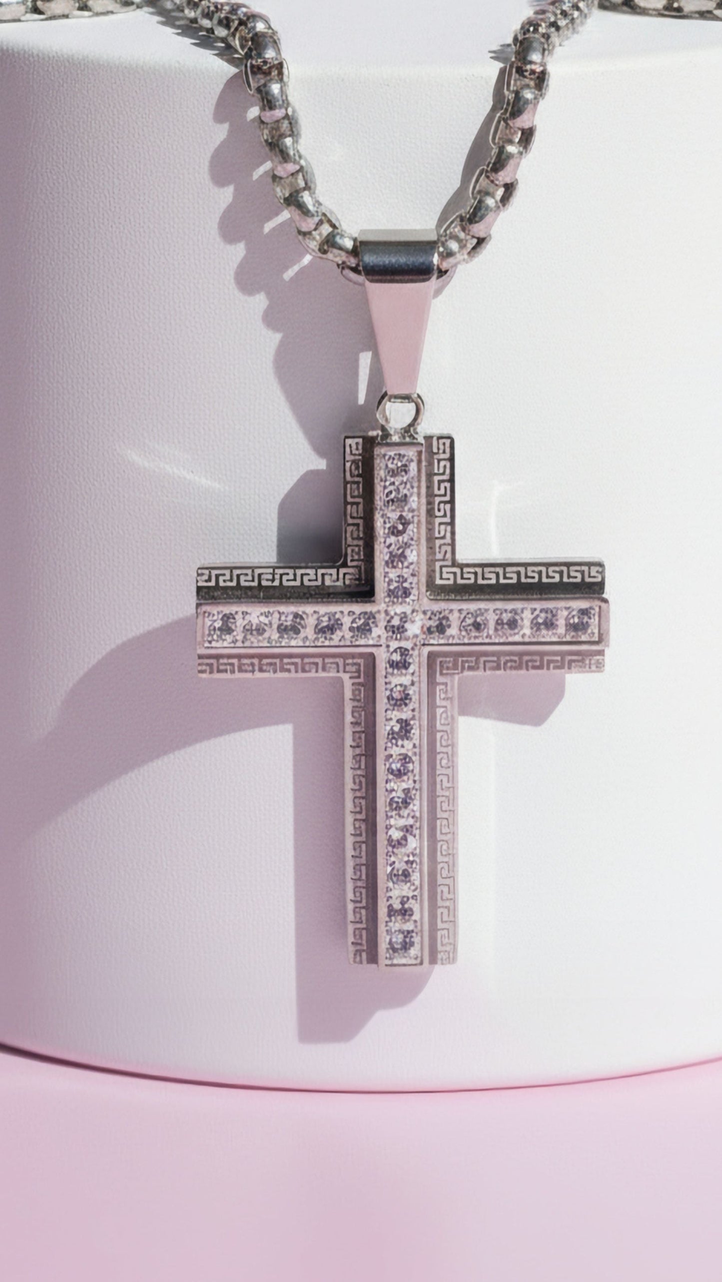 Silver Greek Key Crystal Cross Necklace