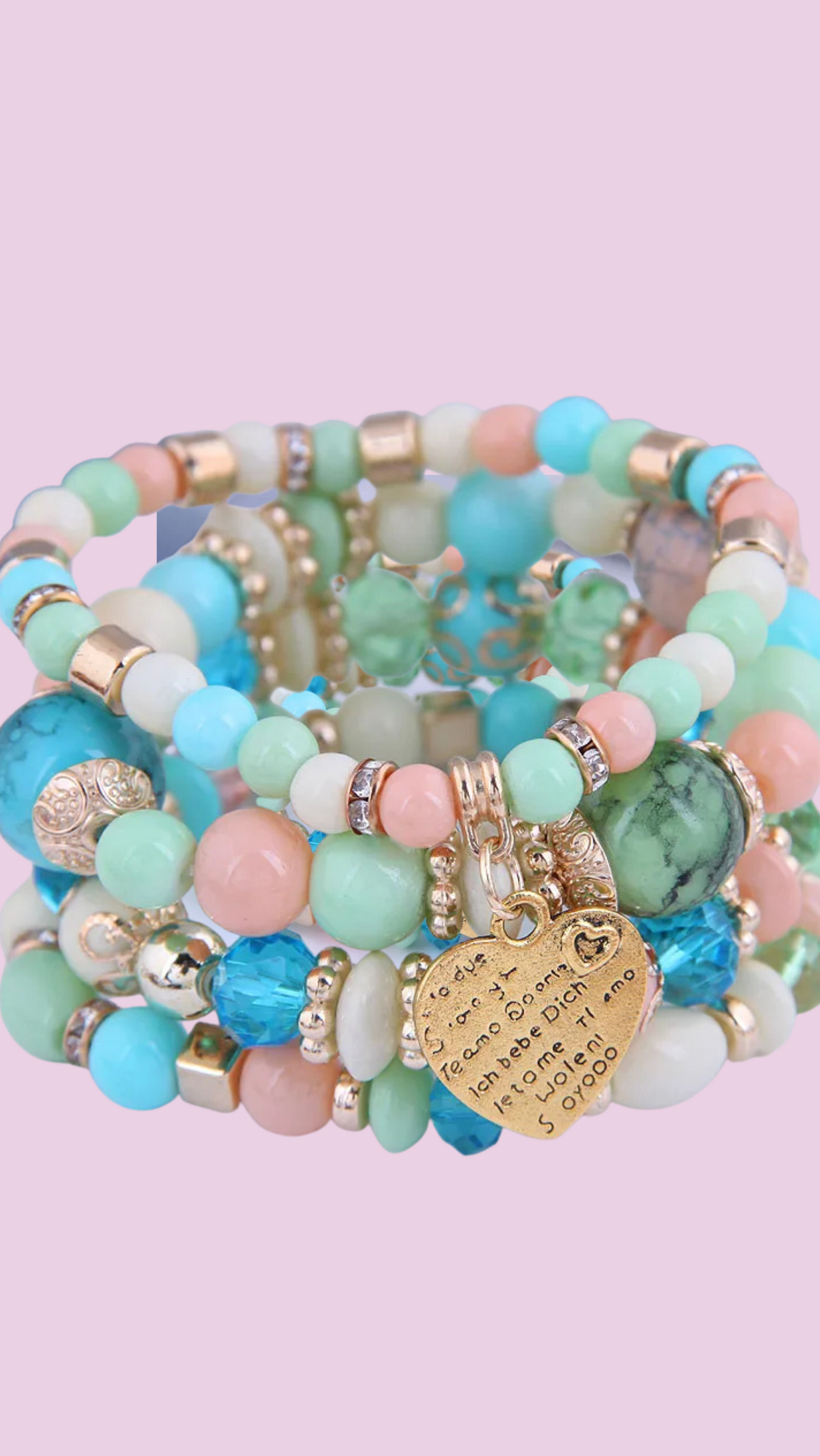 Heart Charm Ceramic Beaded Bracelet Set