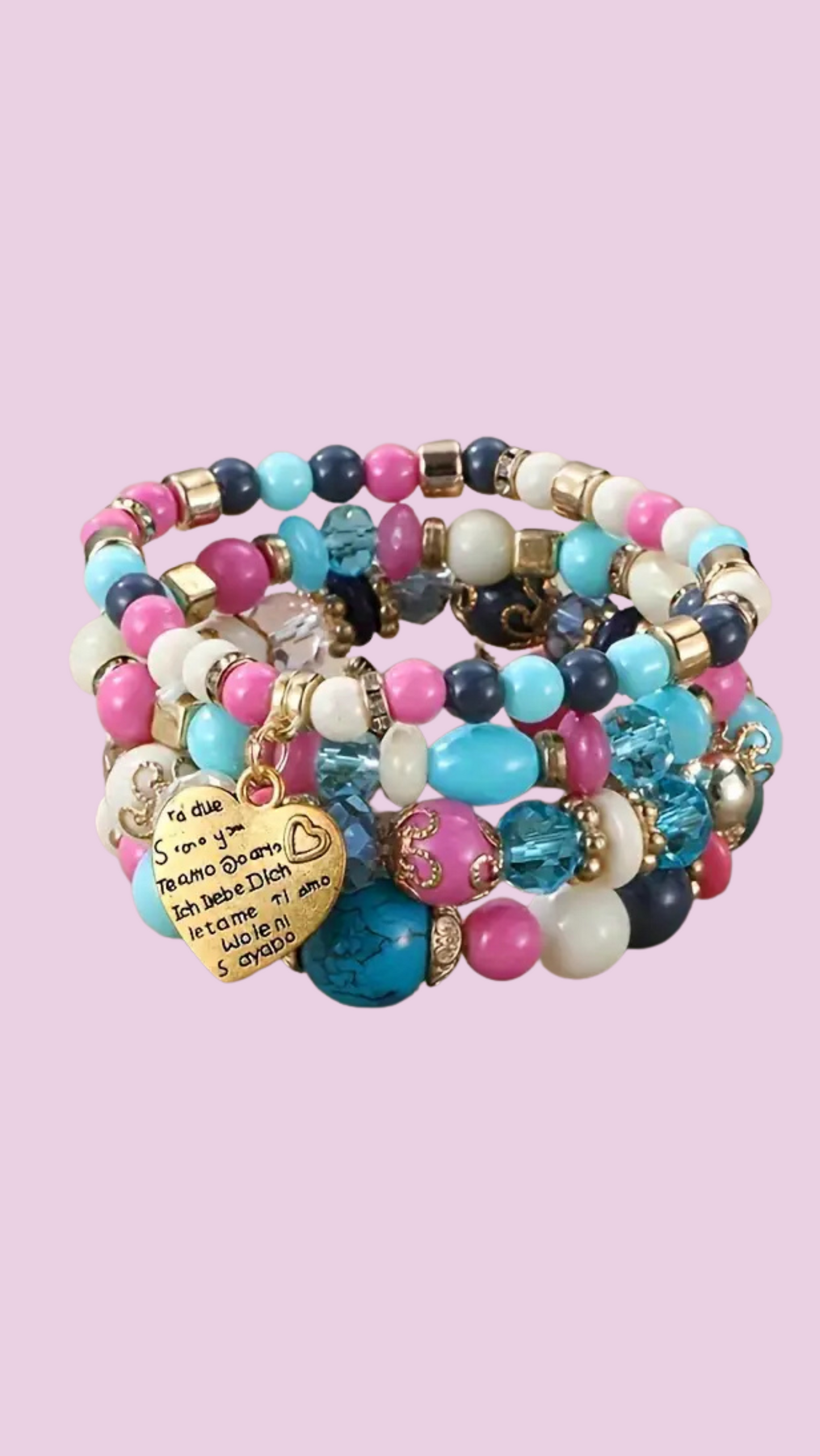 Heart Charm Ceramic Beaded Bracelet Set