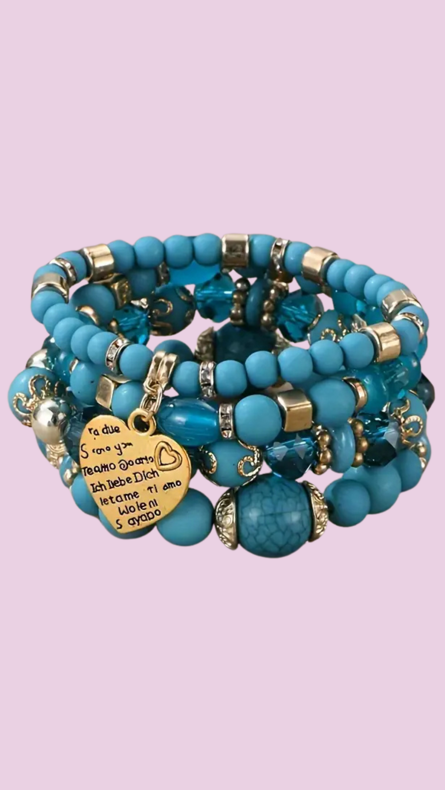 Heart Charm Ceramic Beaded Bracelet Set
