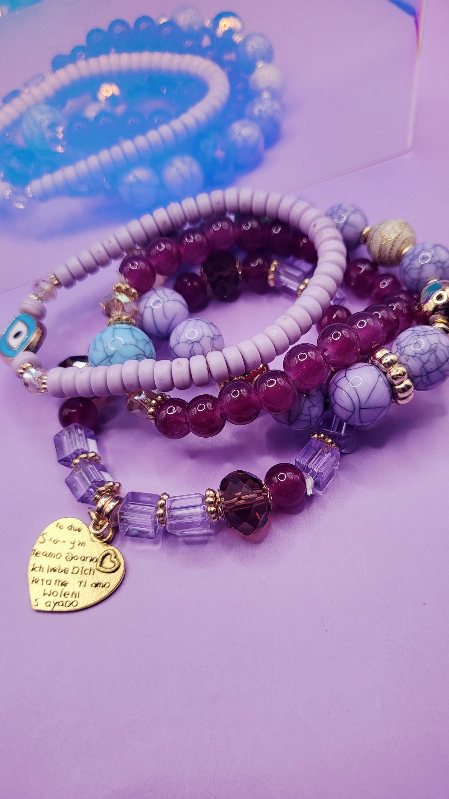 Heart Charm Ceramic Beaded Bracelet Set