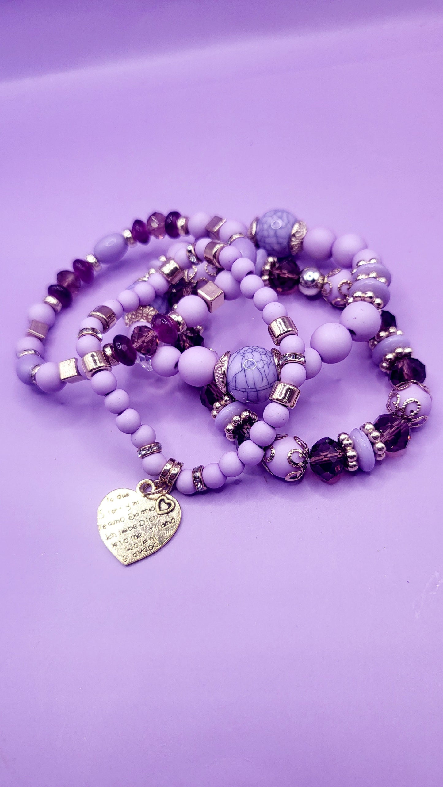 Heart Charm Ceramic Beaded Bracelet Set