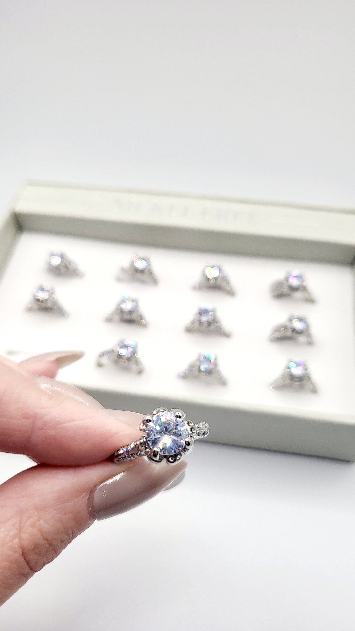 Solitaire Round Crystal Ring Silver Box set of 12