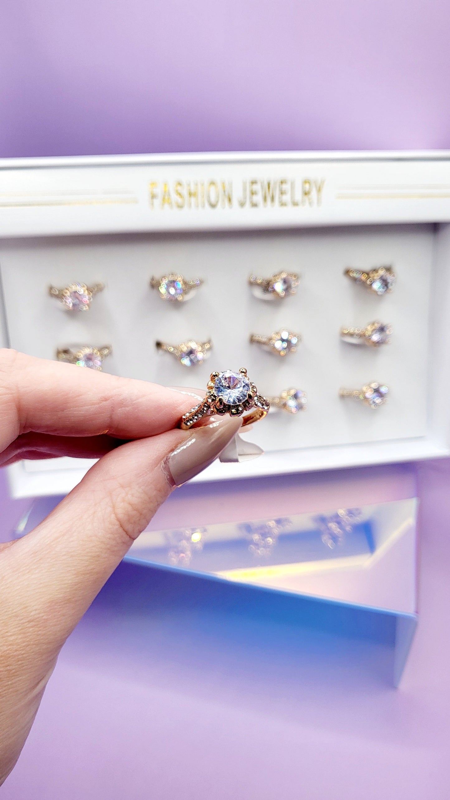 Encrusted Crystal Ring Gold Box set of 12