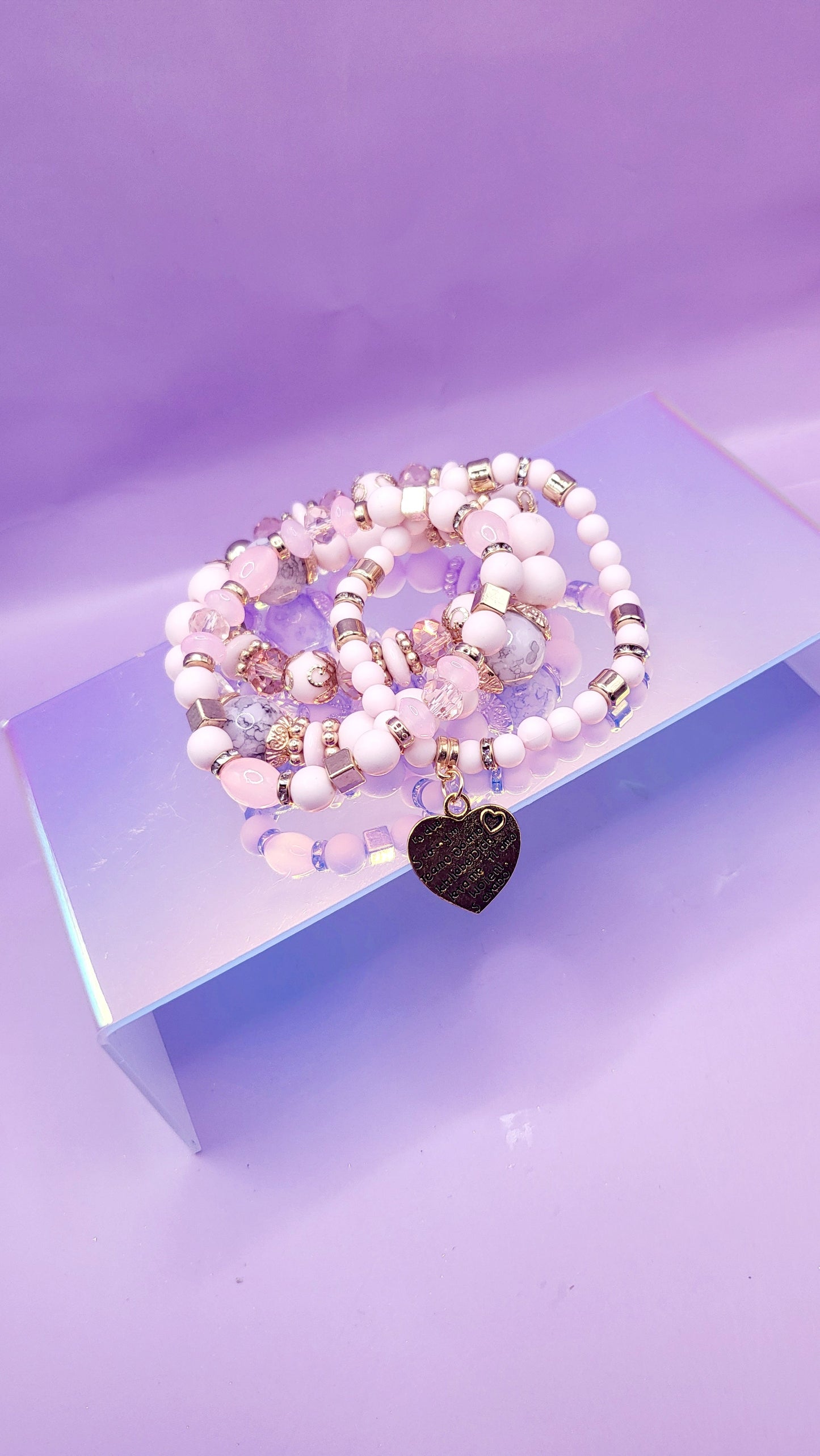 Heart Charm Ceramic Beaded Bracelet Set