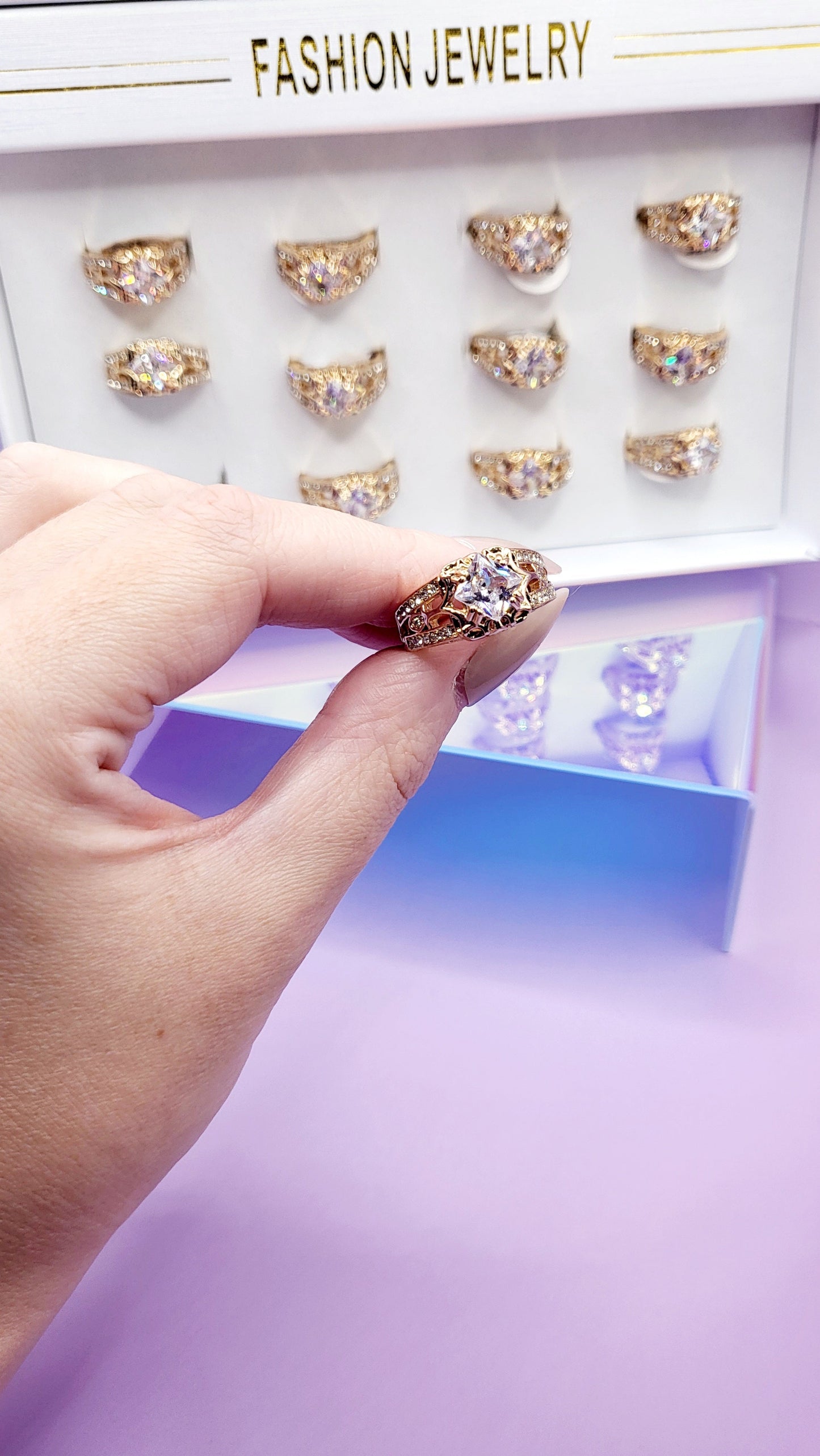 Luxe Crystal Ring Gold Box set of 12