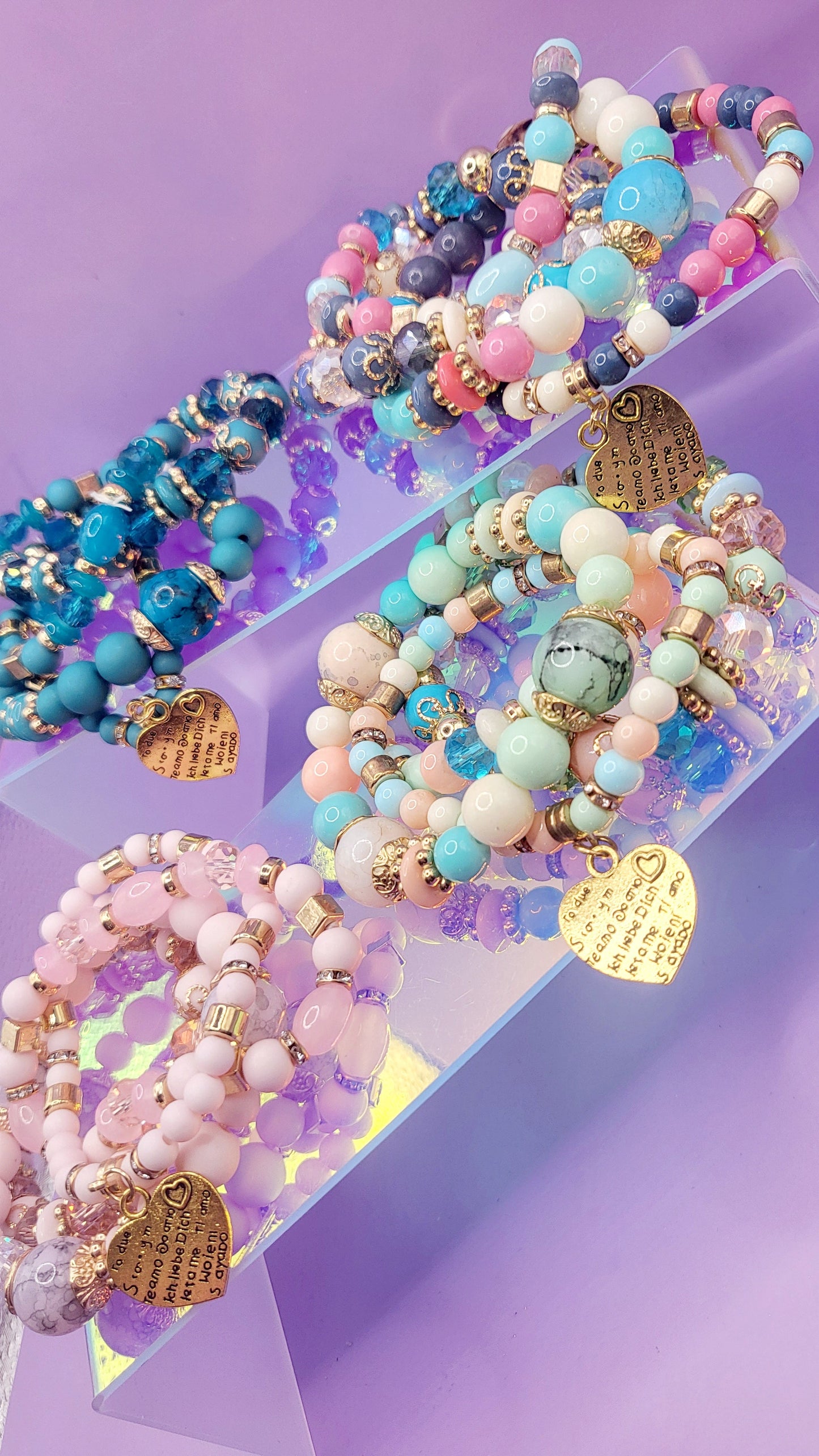 Heart Charm Ceramic Beaded Bracelet Set