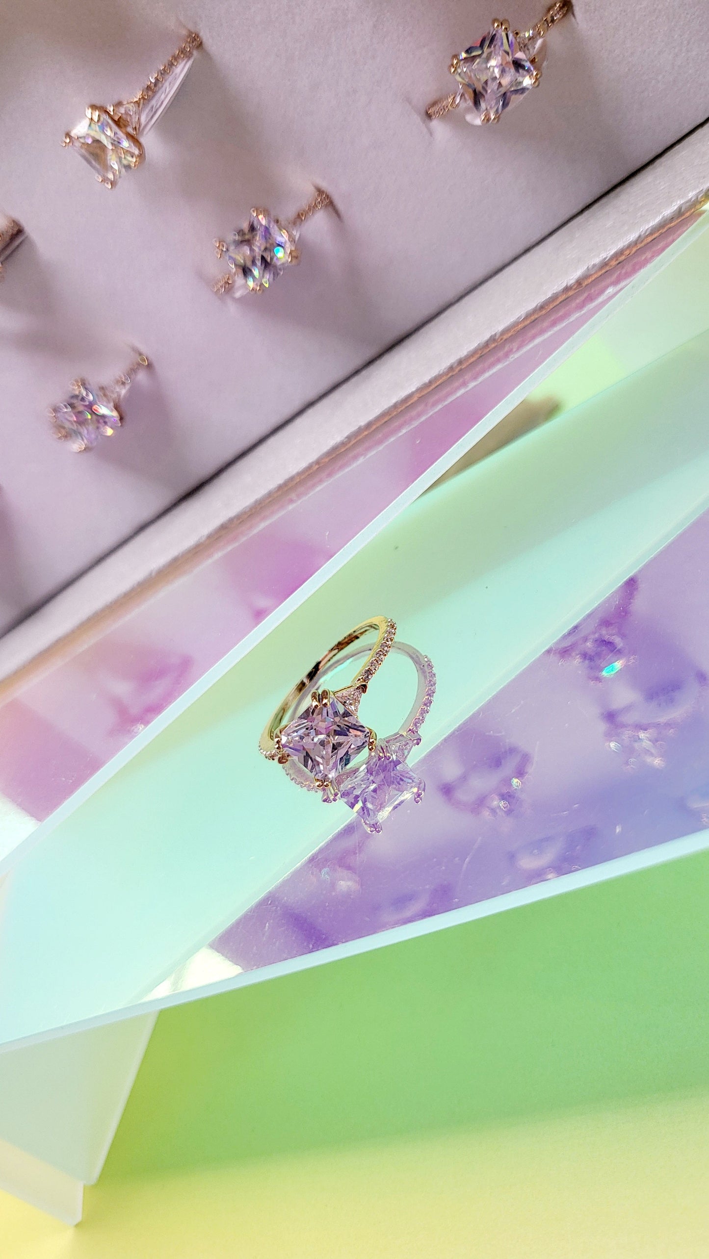 Princess Cut Crystal Gold Ring Box set of 12