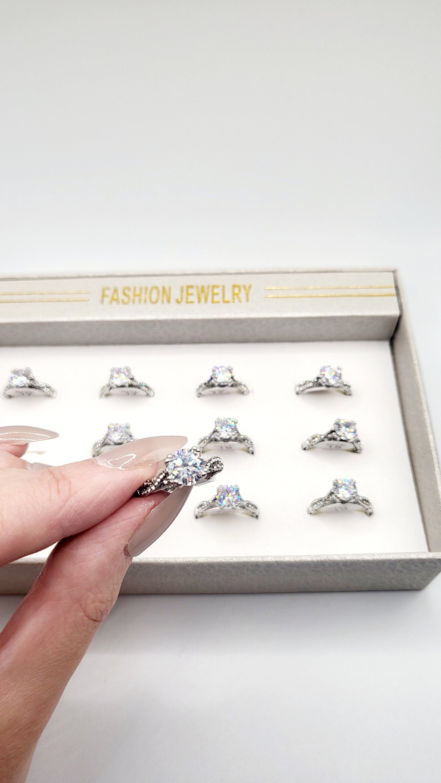 Twisted Crystal Ring Silver Box set of 12