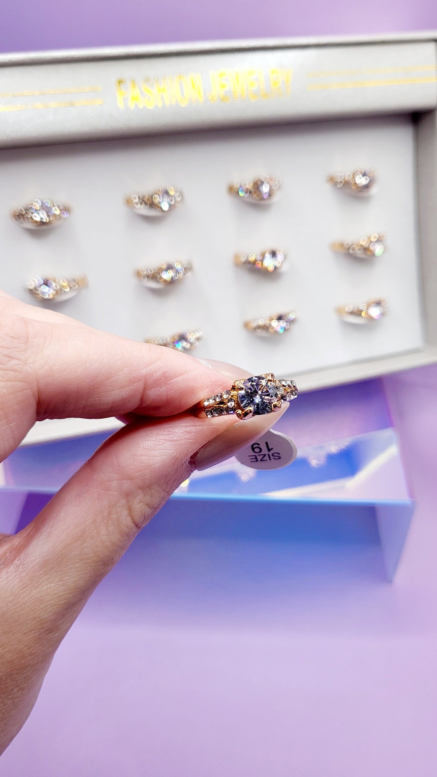 Charm Crystal Ring Gold Box set of 12