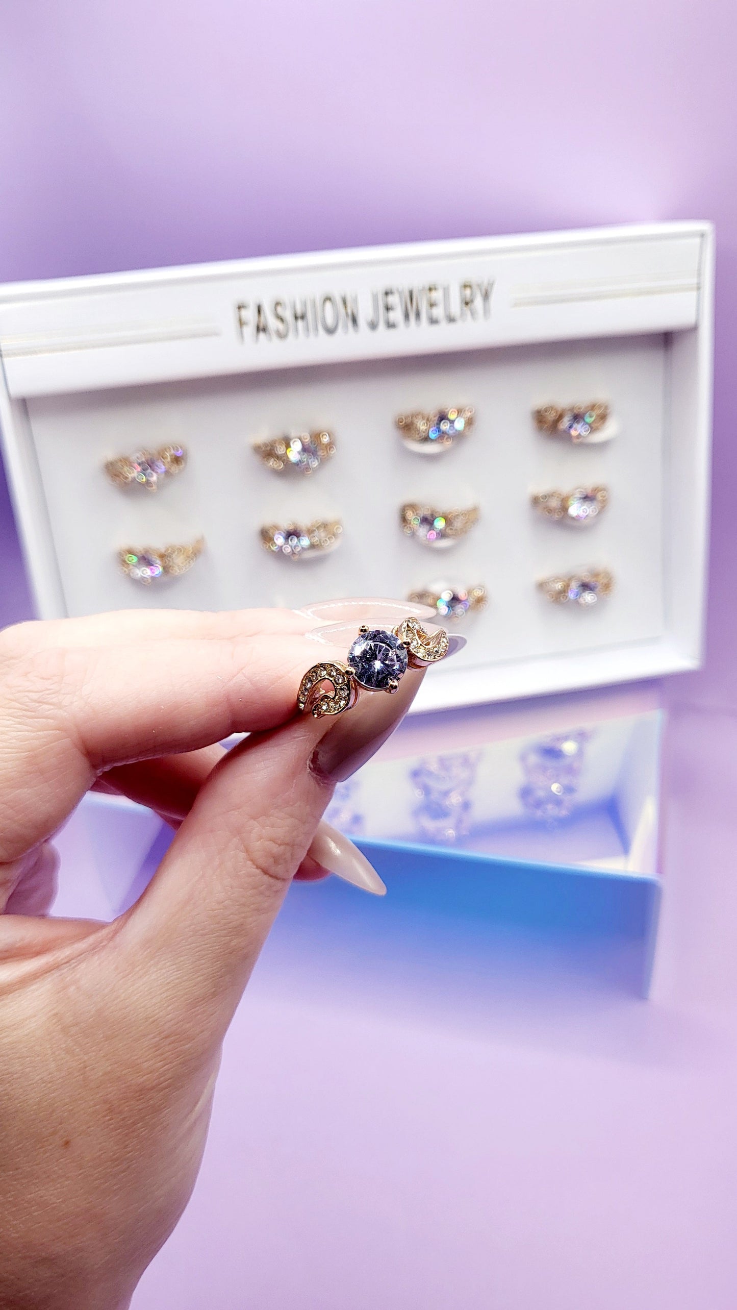 Loop Band Solitaire Crystal Gold Ring Box set of 12