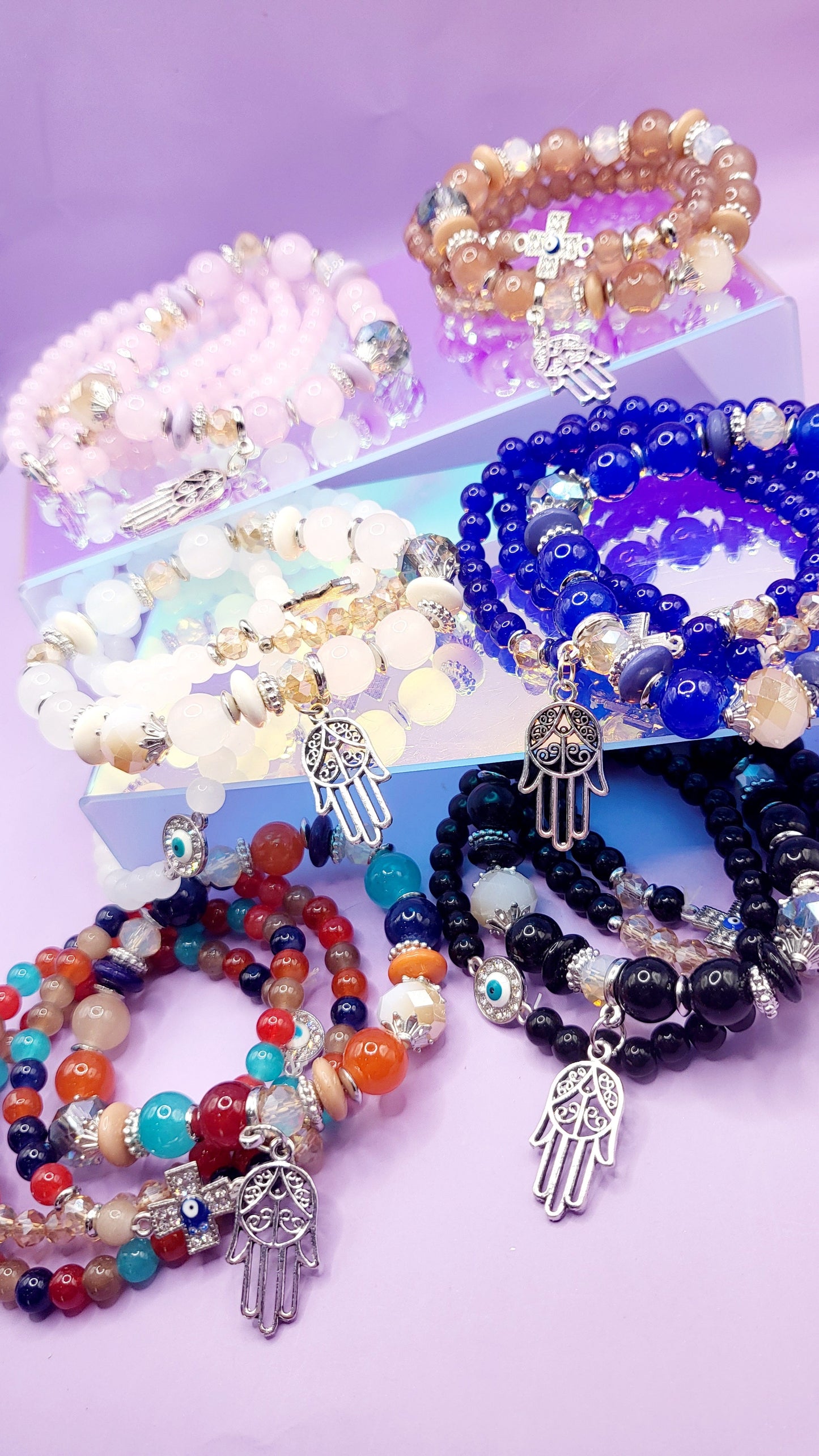 Hamsa Charm Ceramic Beaded Bracelet Set