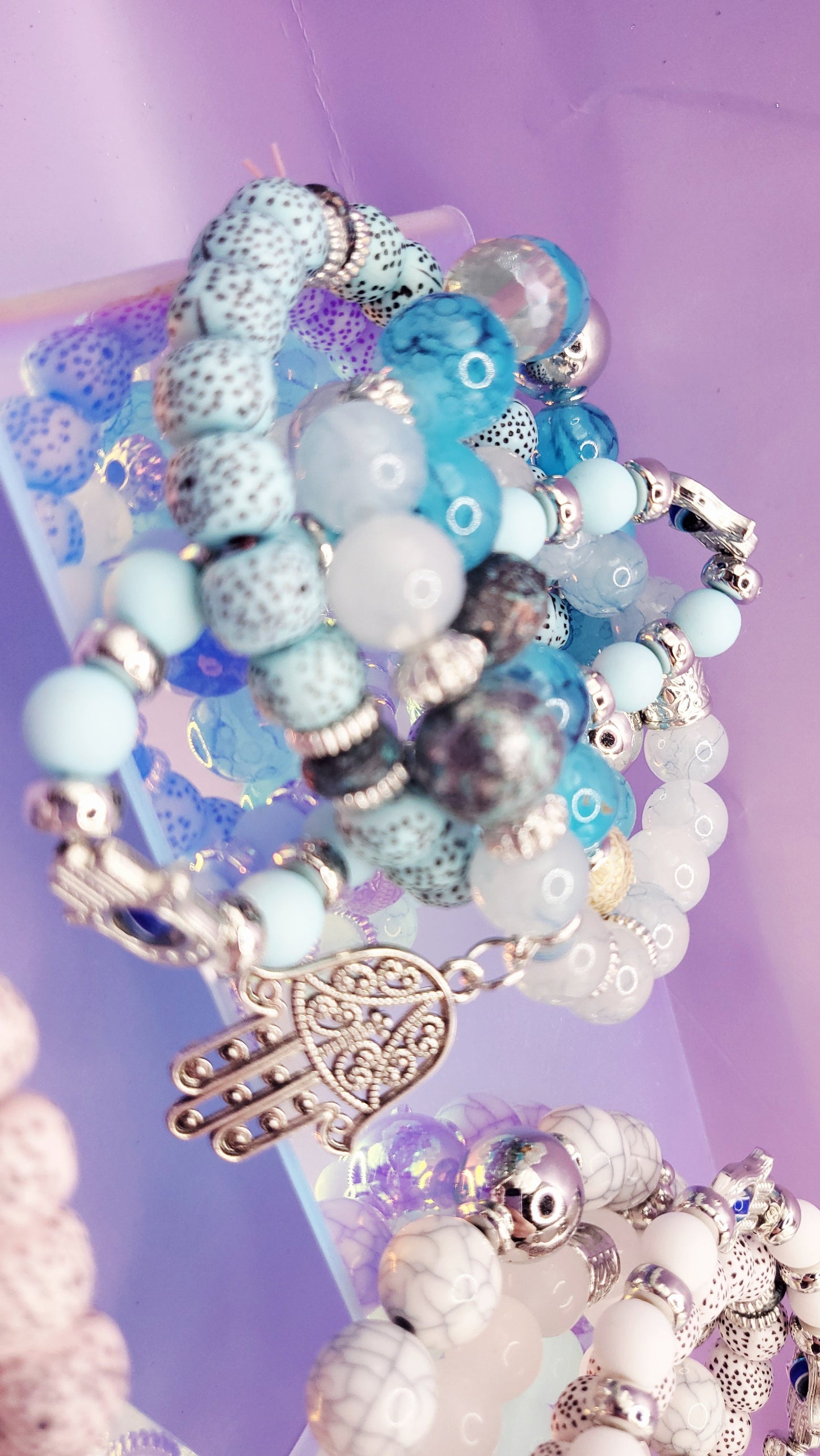 Hamsa Charm Ceramic Beaded Bracelet Set