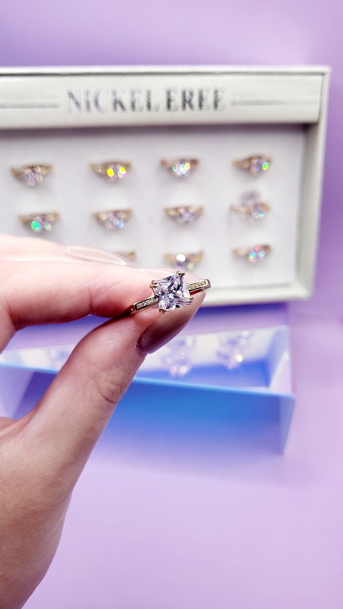 Square Crystal Ring Gold Box set of 12