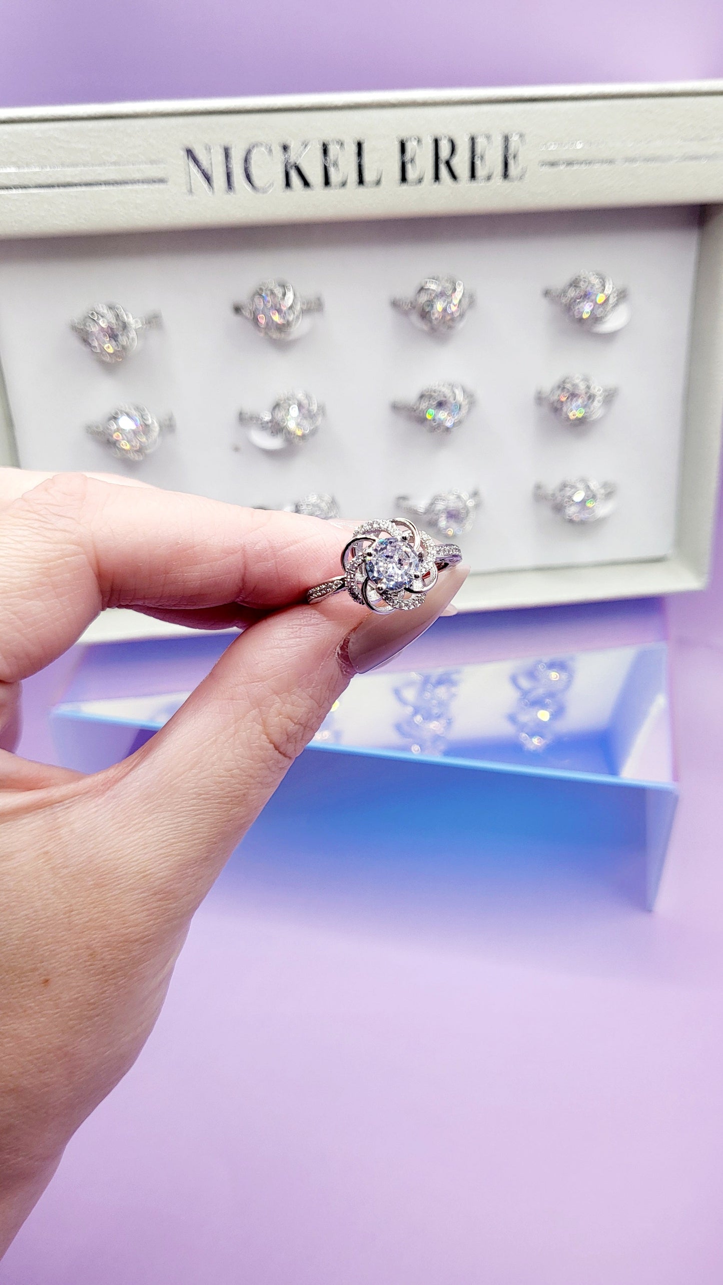 Swirl Crystal Ring Silver Box set of 12