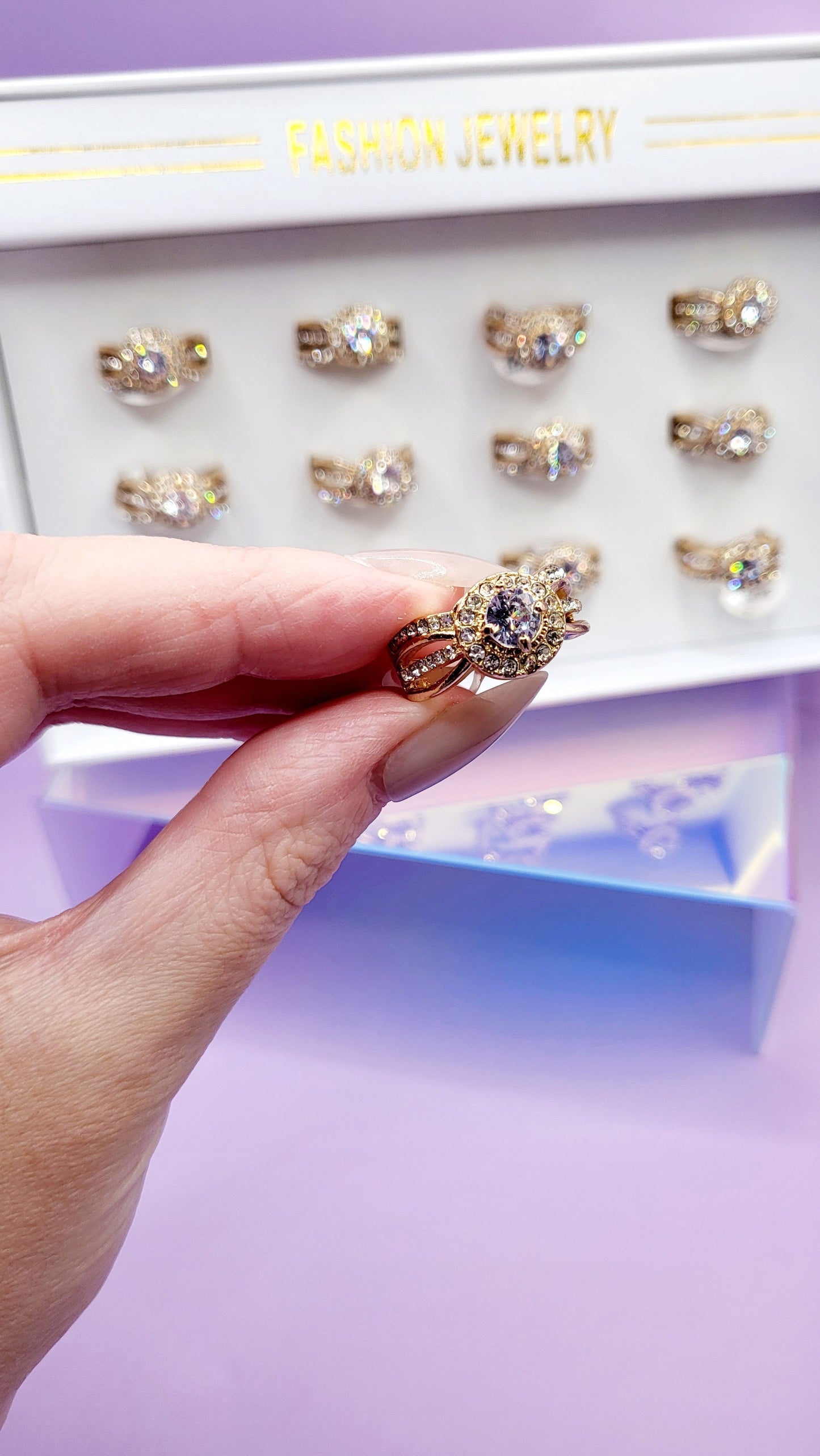 Sassy Crystal Ring Gold Box set of 12