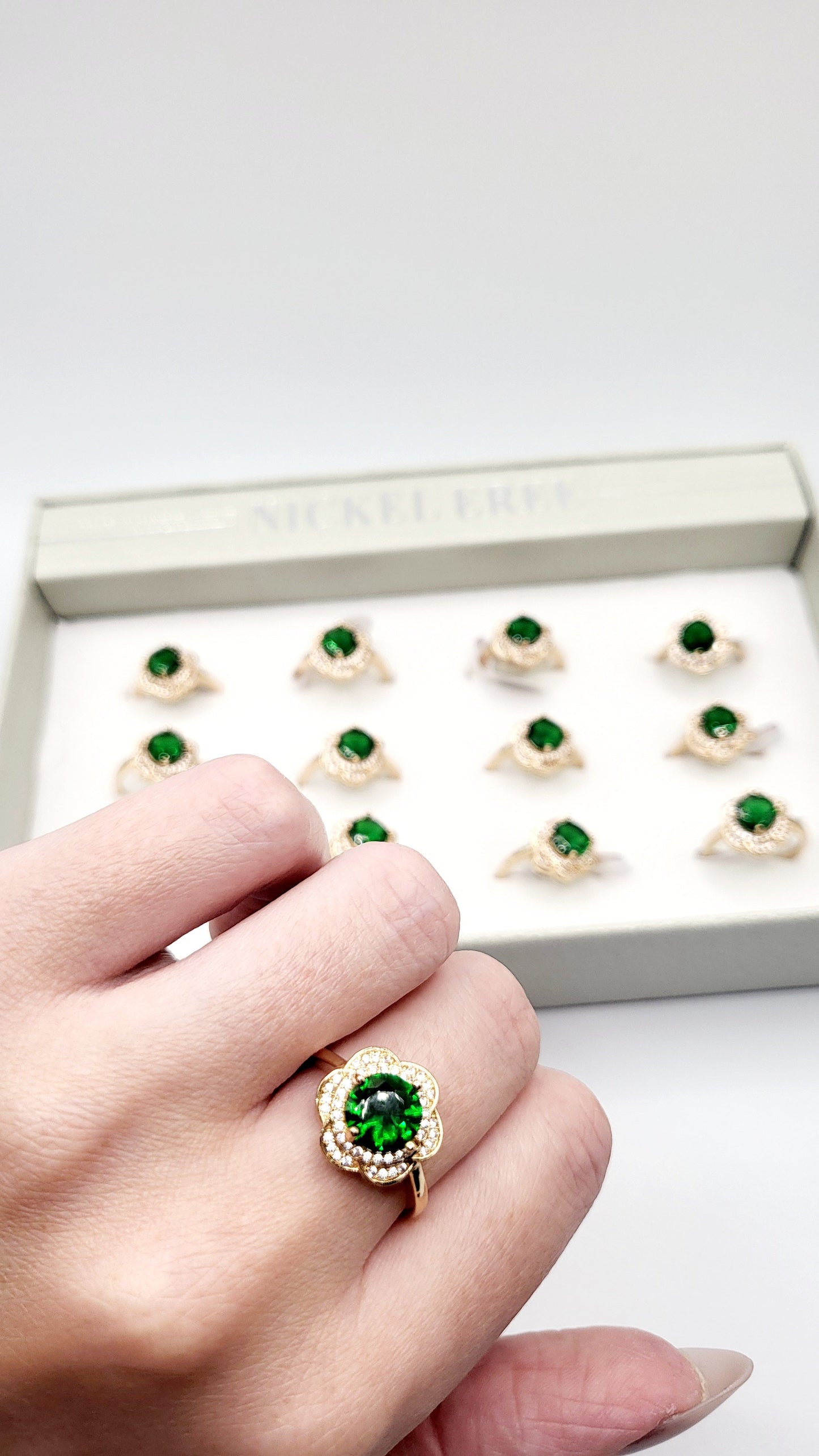 Green Crystal Ring Gold Box set of 12