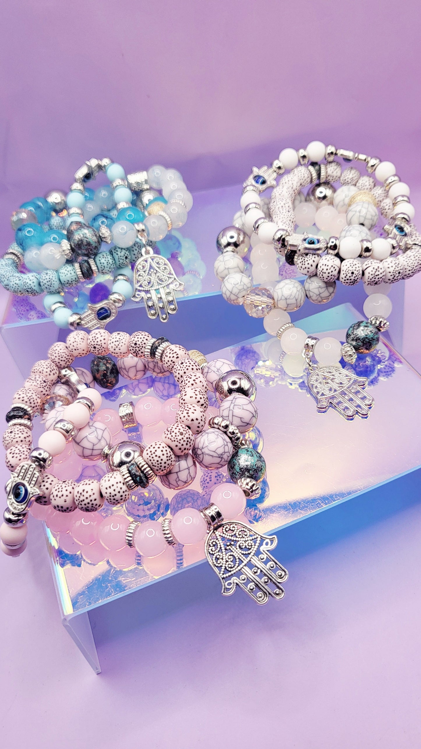 Hamsa Charm Ceramic Beaded Bracelet Set