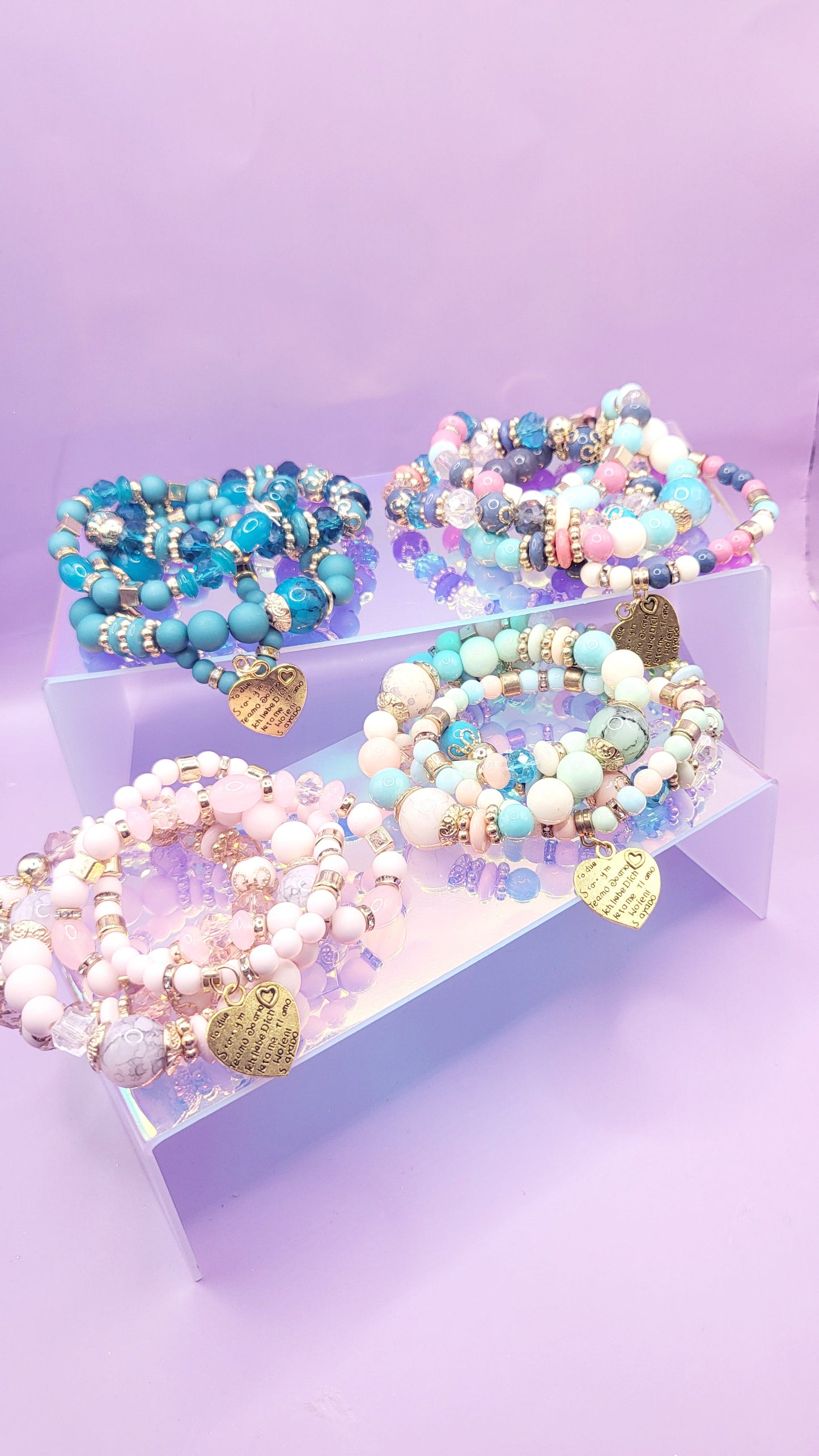 Heart Charm Ceramic Beaded Bracelet Set