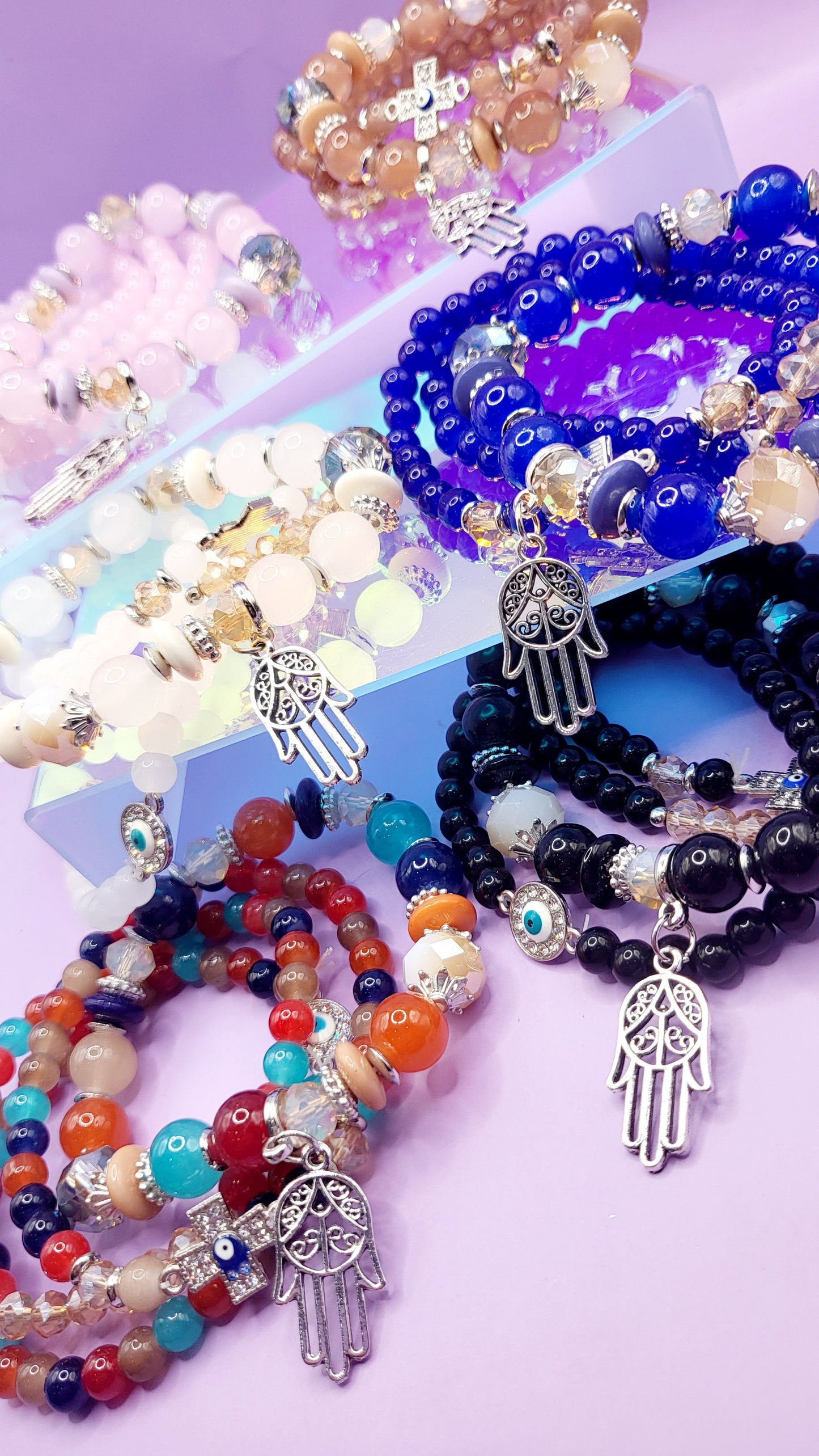 Hamsa Charm Ceramic Beaded Bracelet Set