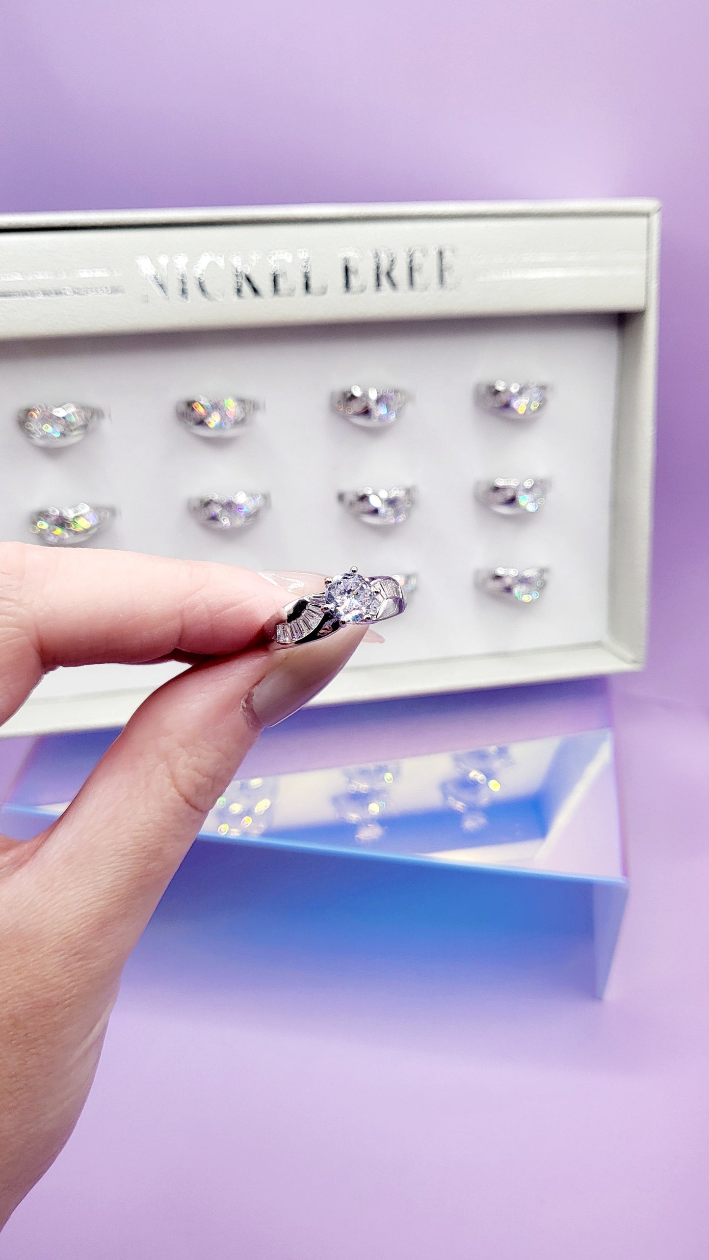 Baguette Crystal Ring Silver Box set of 12