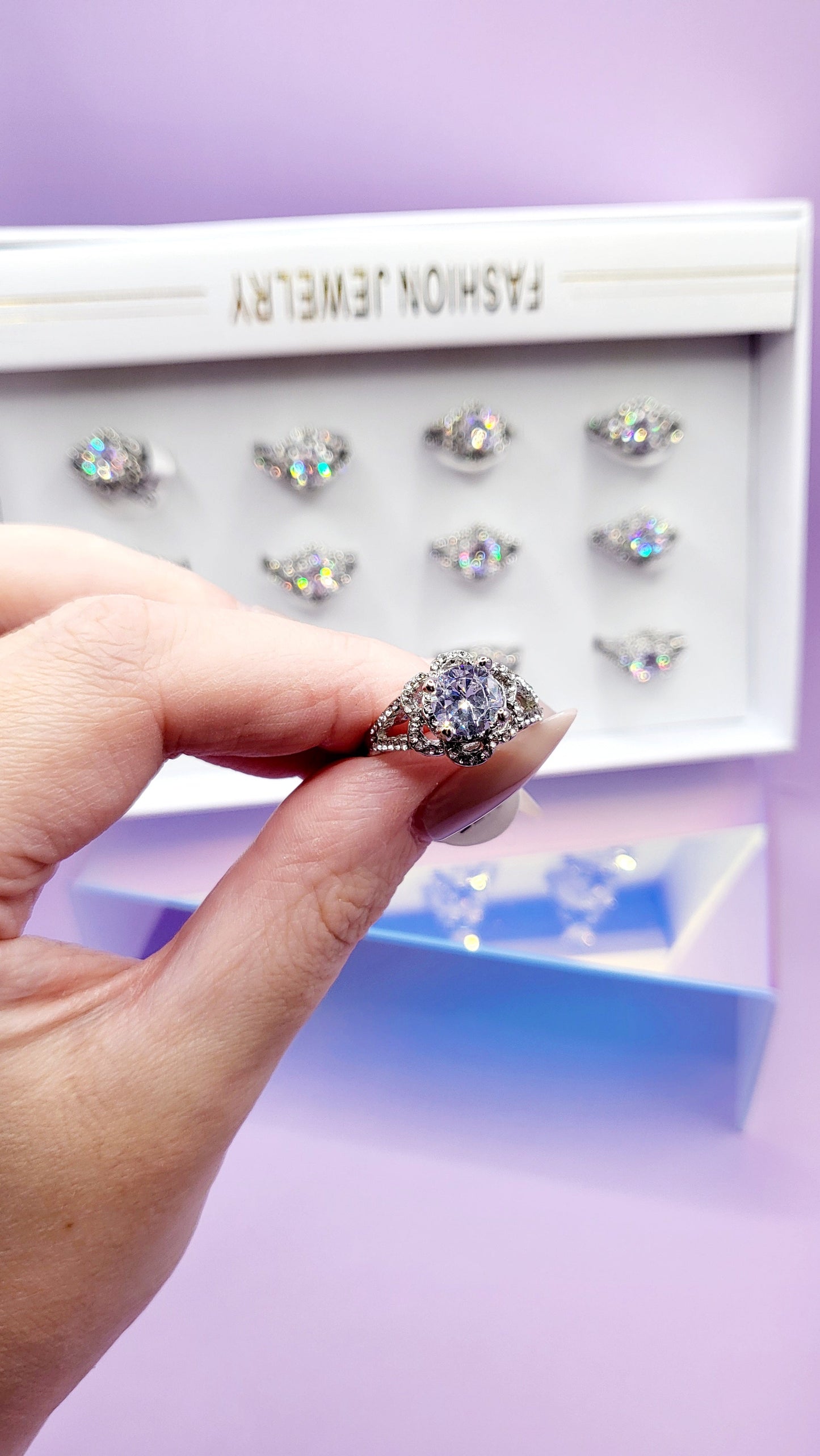 Flower Crystal Ring Silver Box set of 12