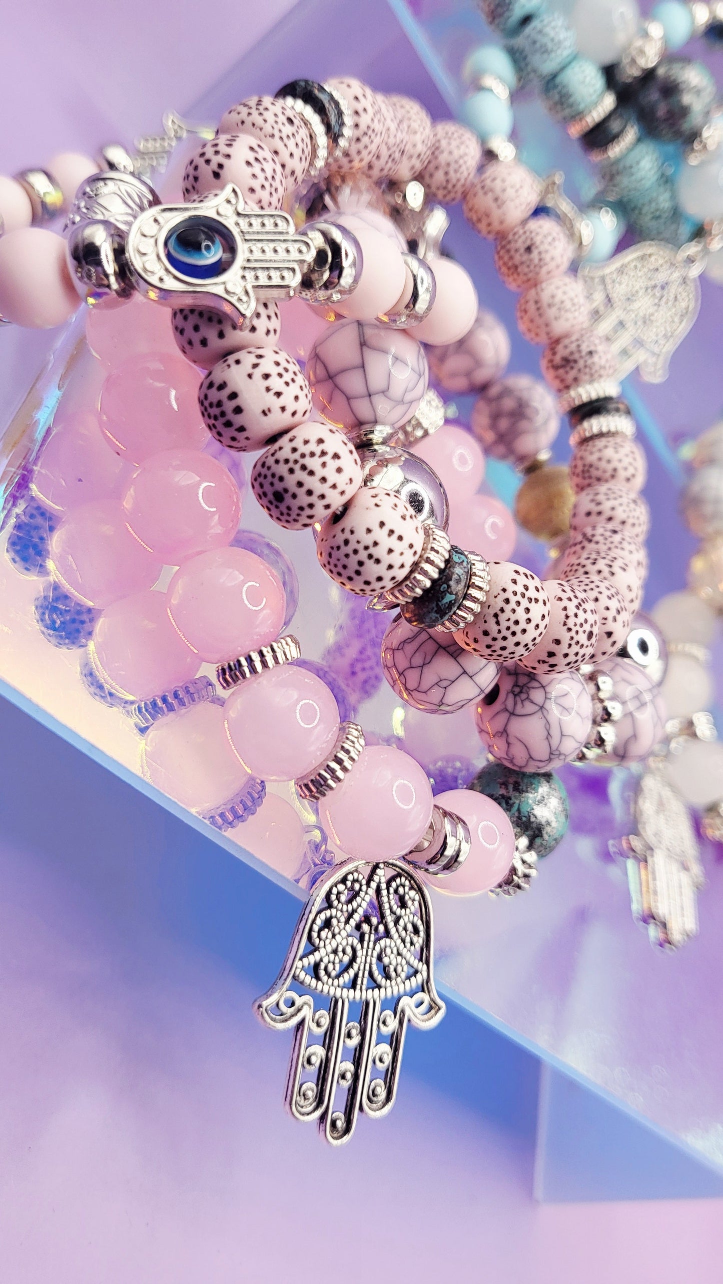 Hamsa Charm Ceramic Beaded Bracelet Set