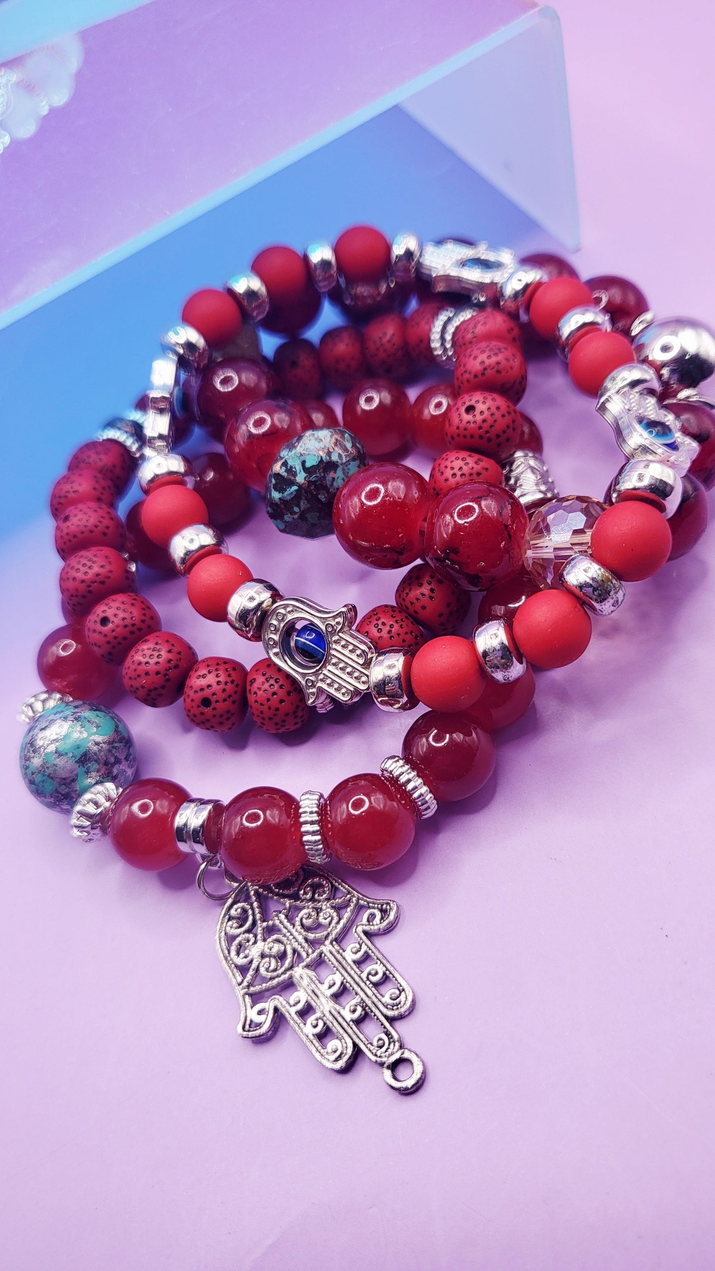 Hamsa Charm Ceramic Beaded Bracelet Set