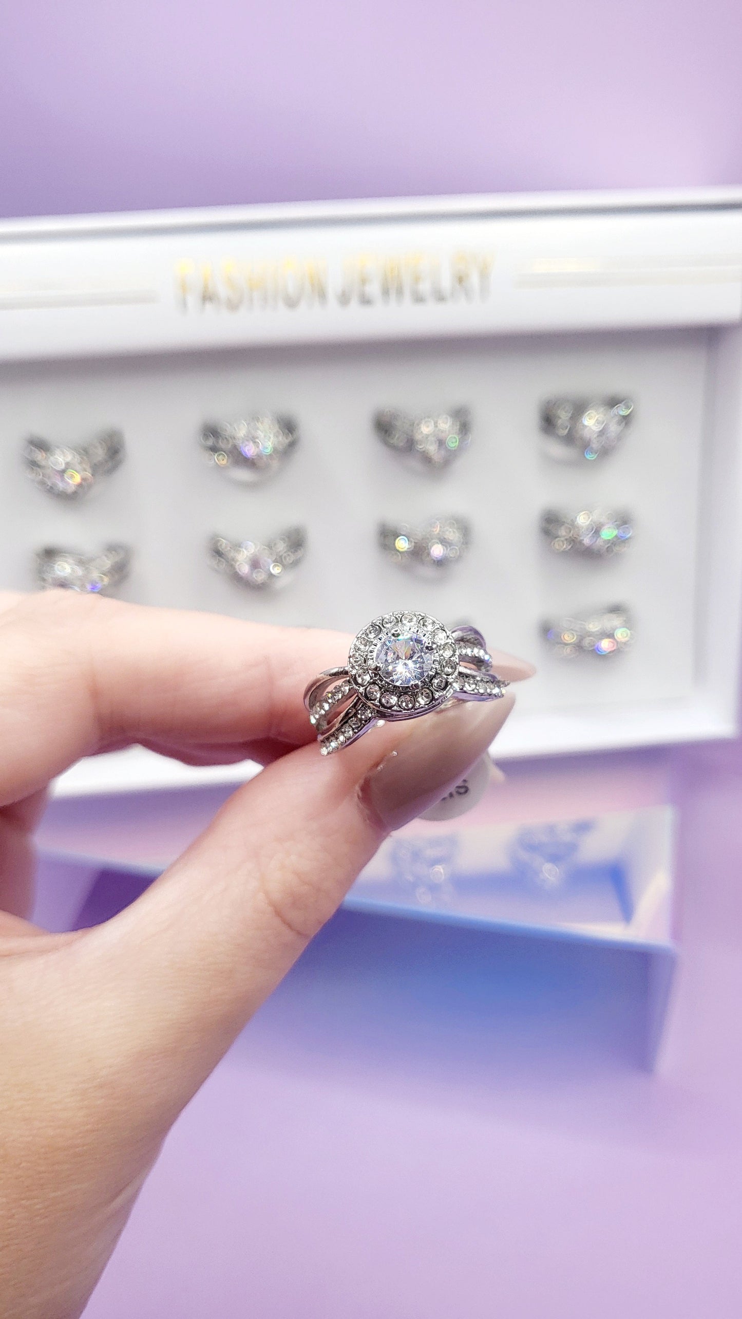 Sassy Crystal Ring Silver Box set of 12