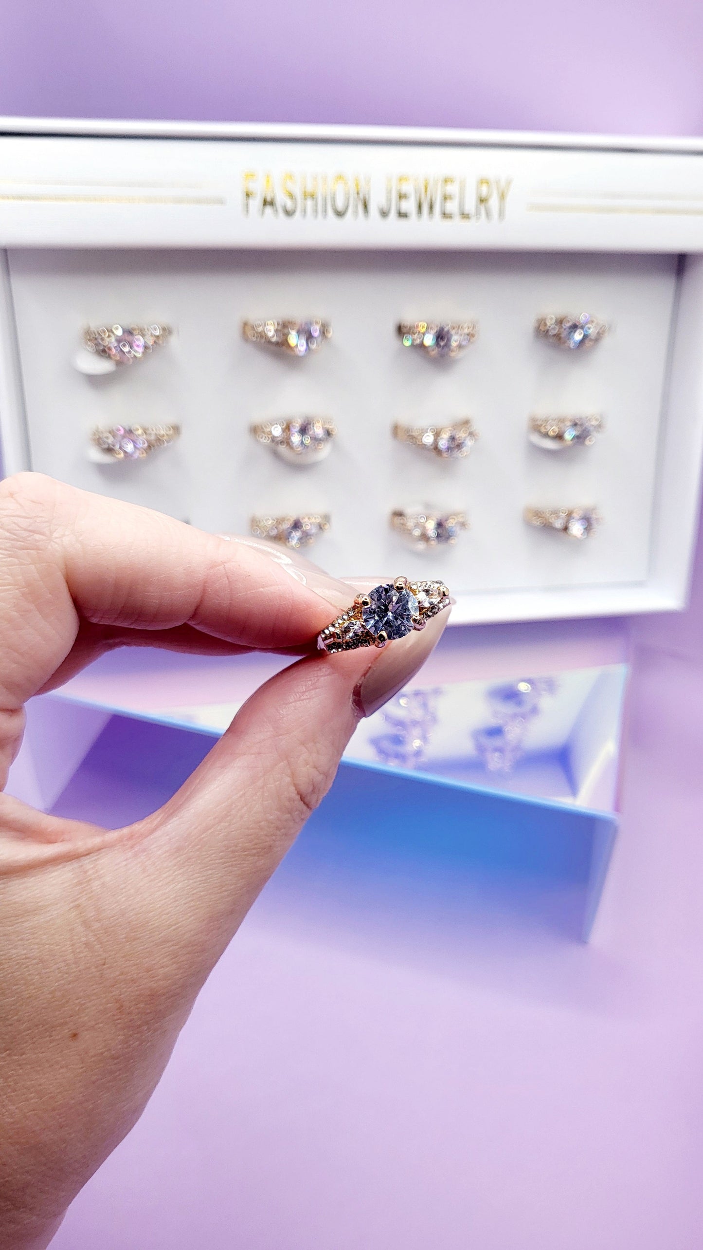 Glam Crystal Ring Gold Box set of 12