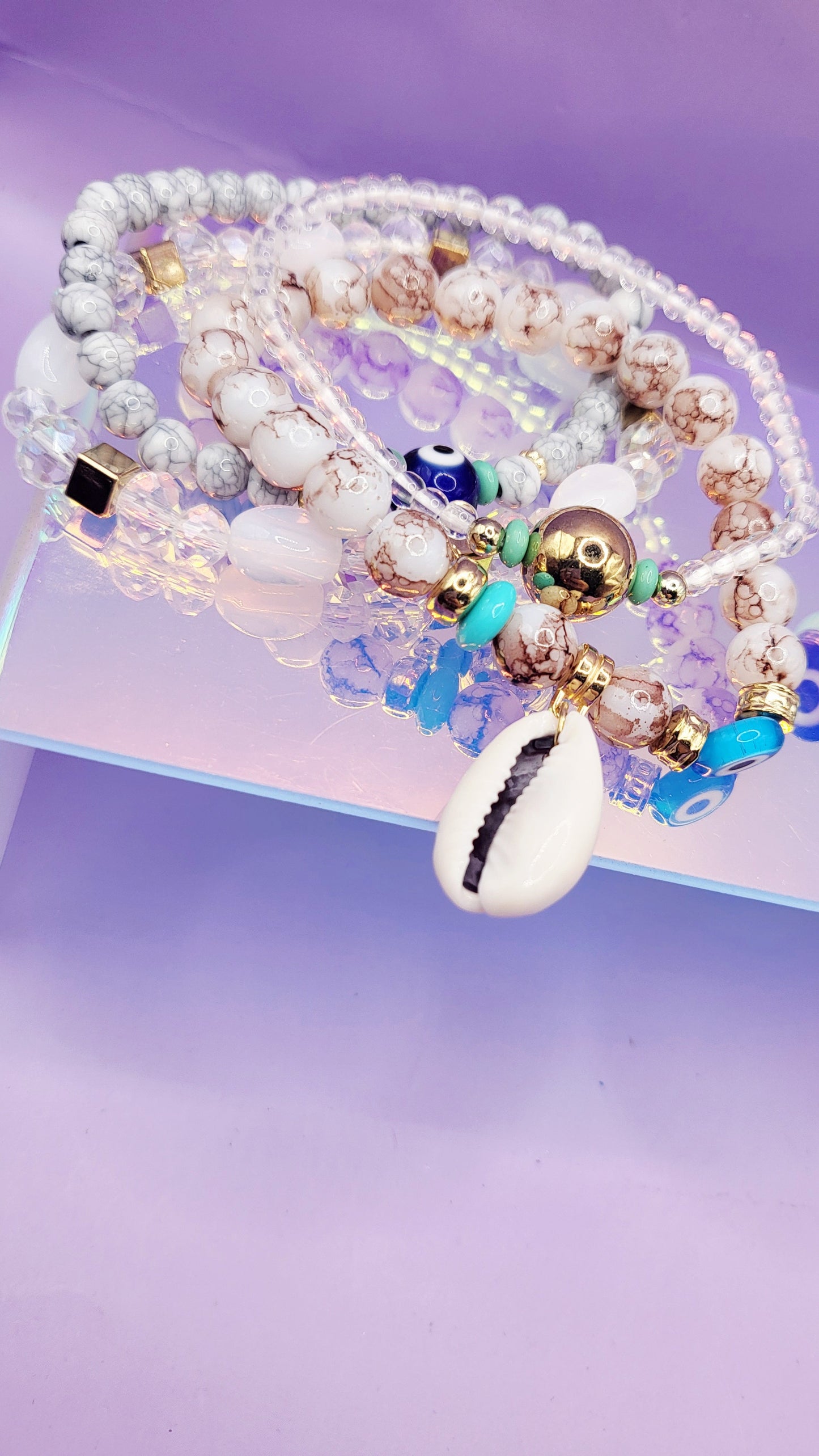 Shell Charm Ceramic Beaded Bracelet Set