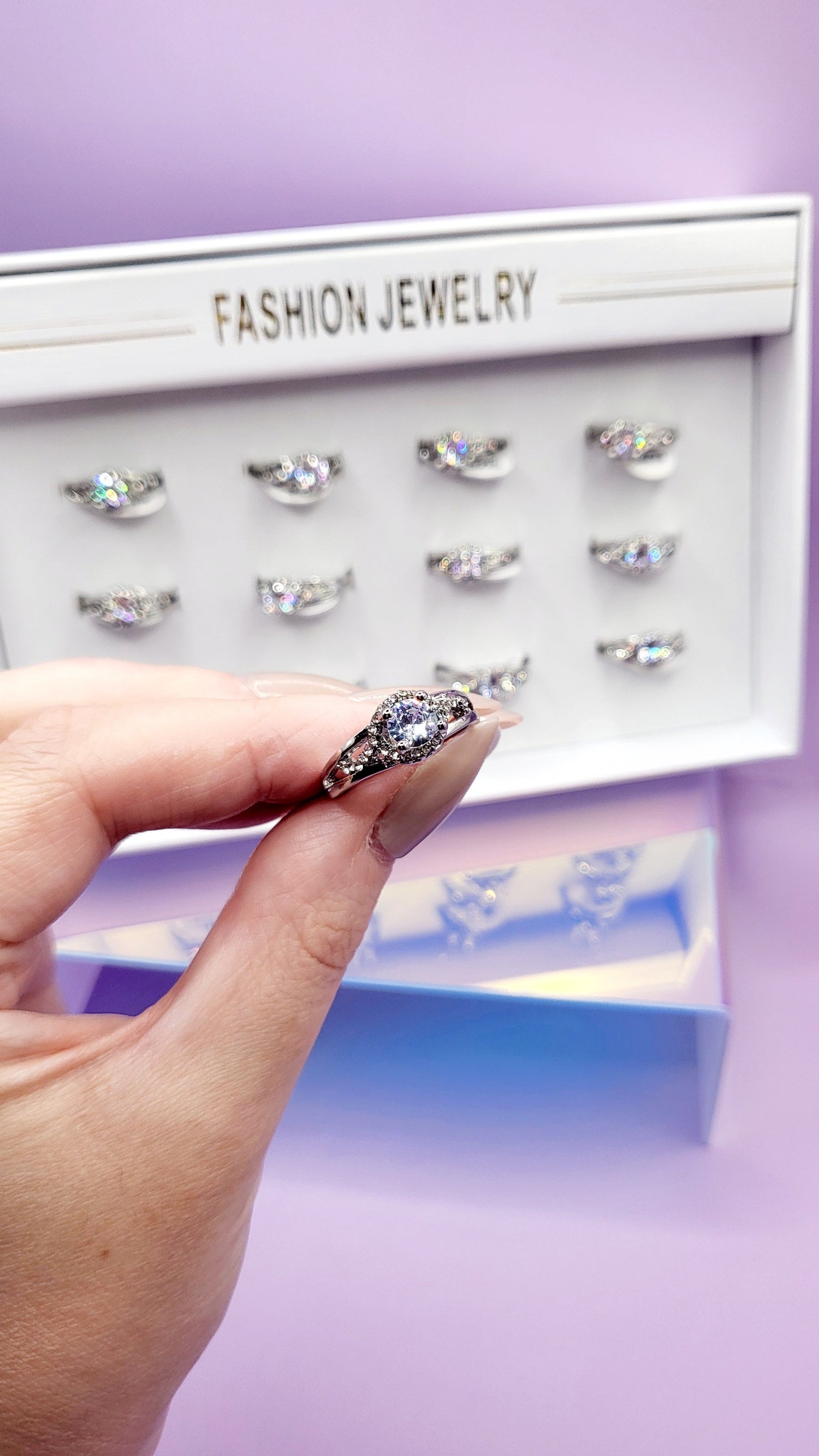 Curve Crystal Ring Silver Box set of 12