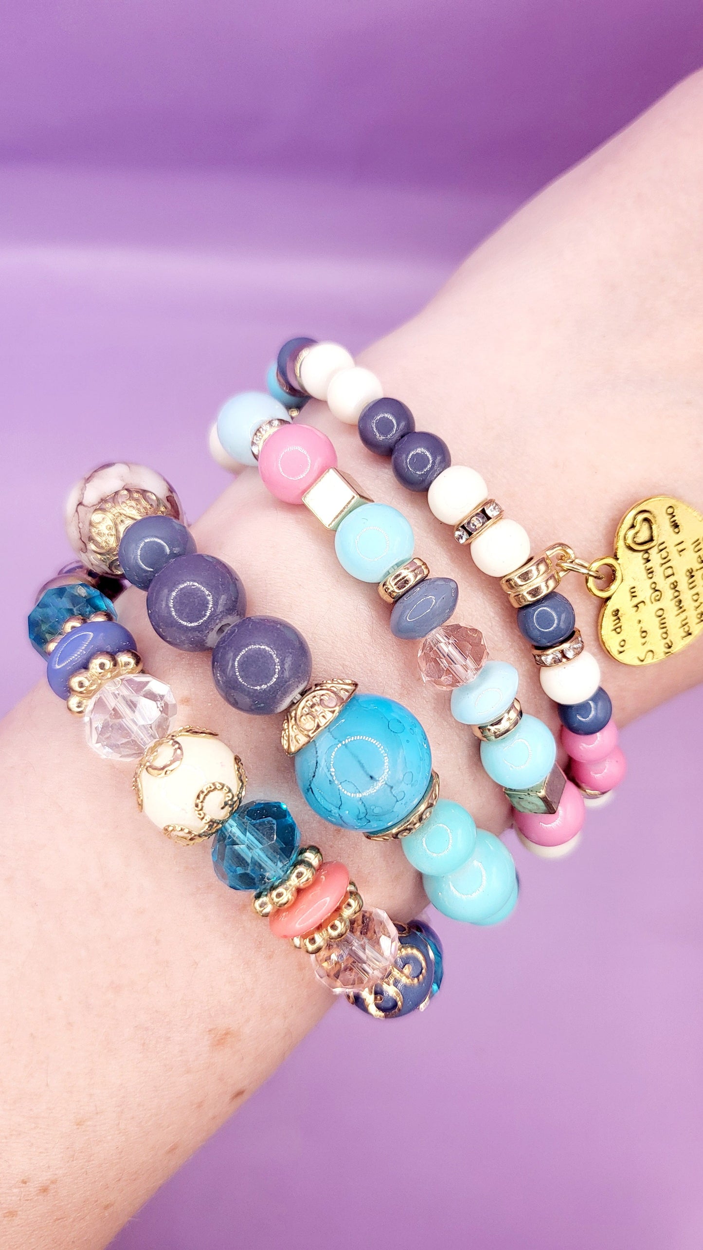 Heart Charm Ceramic Beaded Bracelet Set