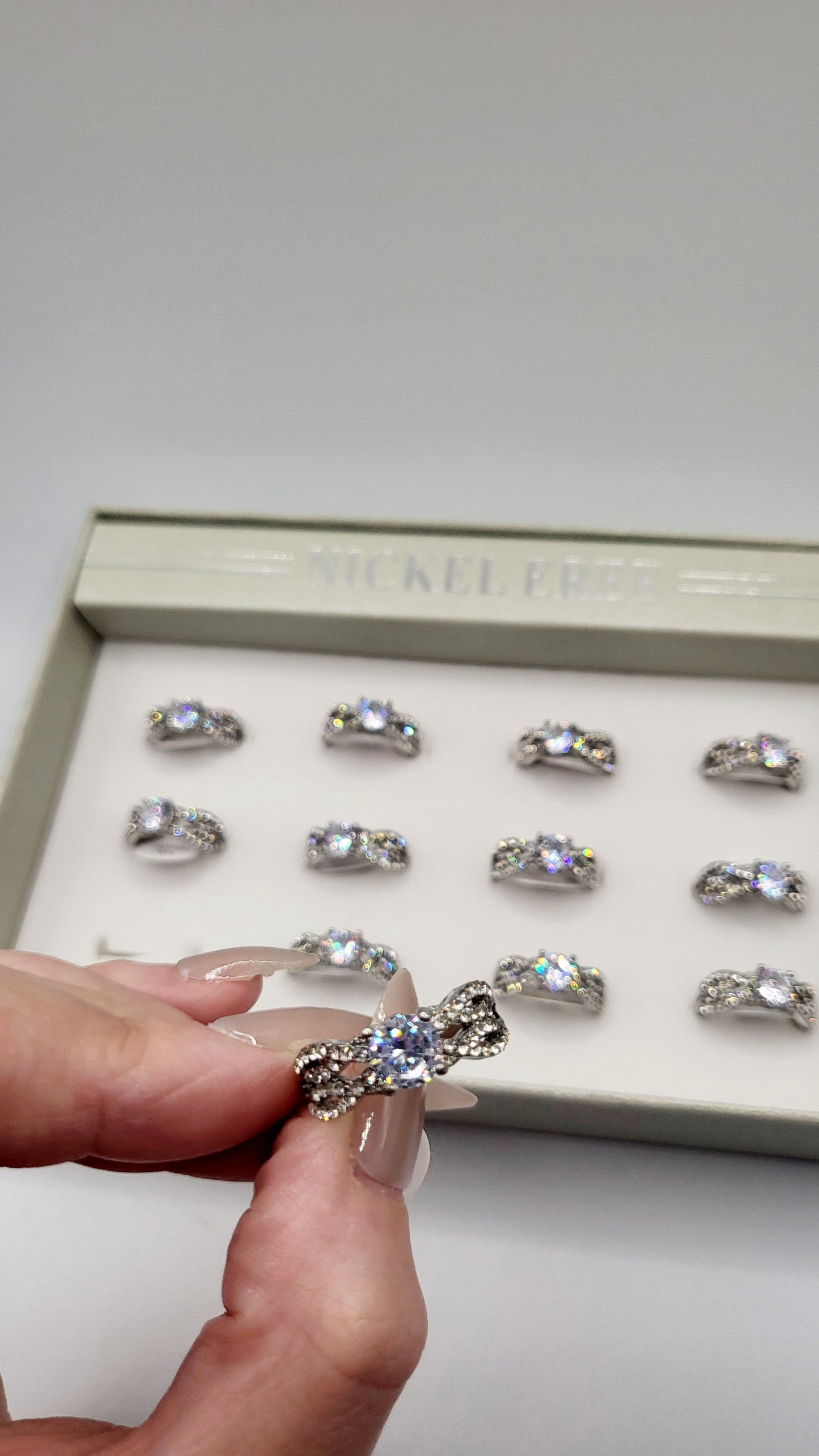 Layered Crystal Ring Silver Box set of 12