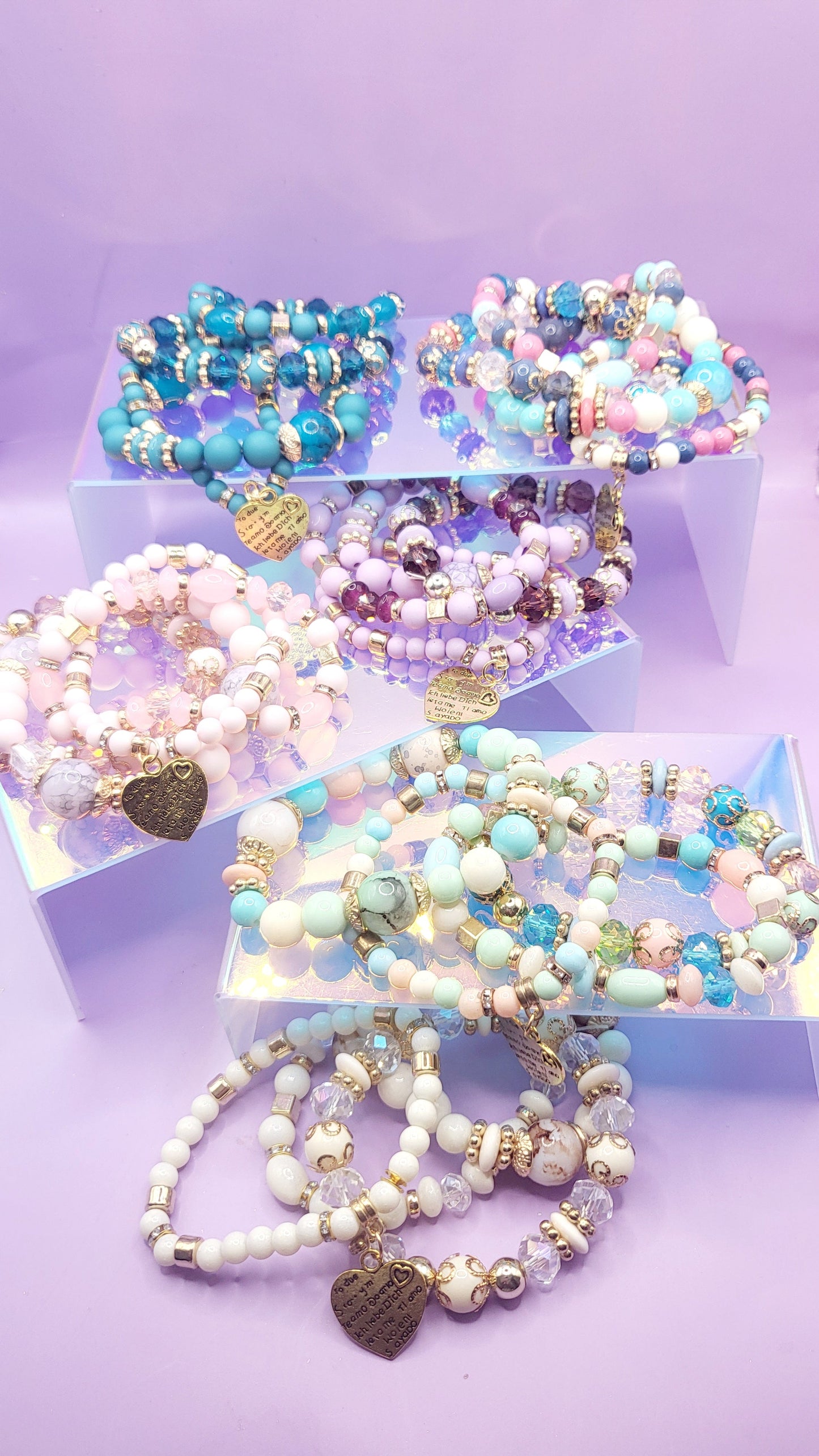 Heart Charm Ceramic Beaded Bracelet Set