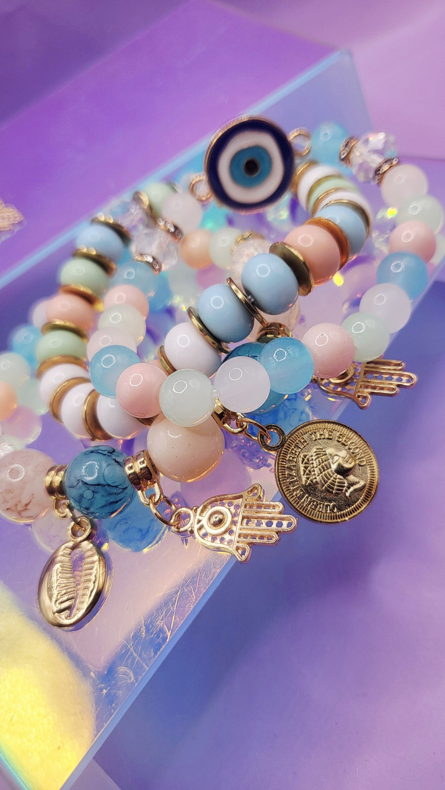 Evil Eye Charm Ceramic Beaded Bracelet Set