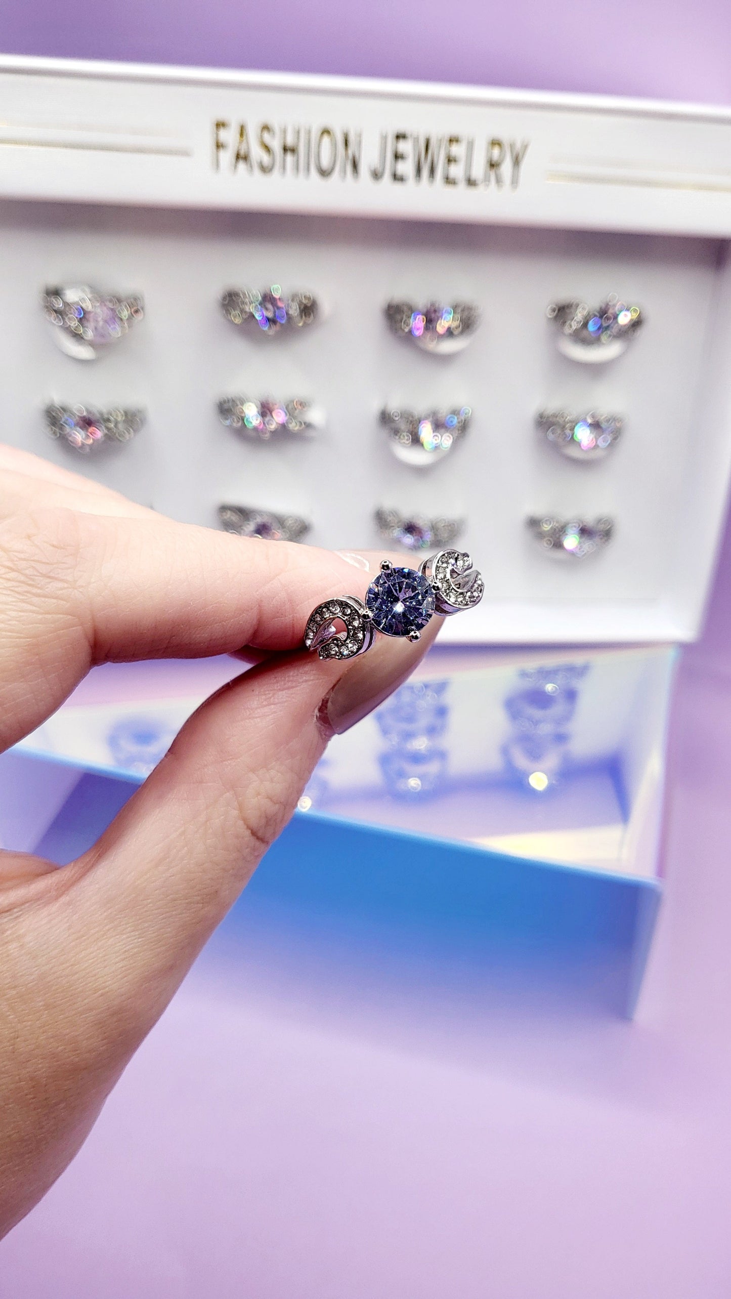 Loop Band Solitaire Crystal Silver Ring Box set of 12